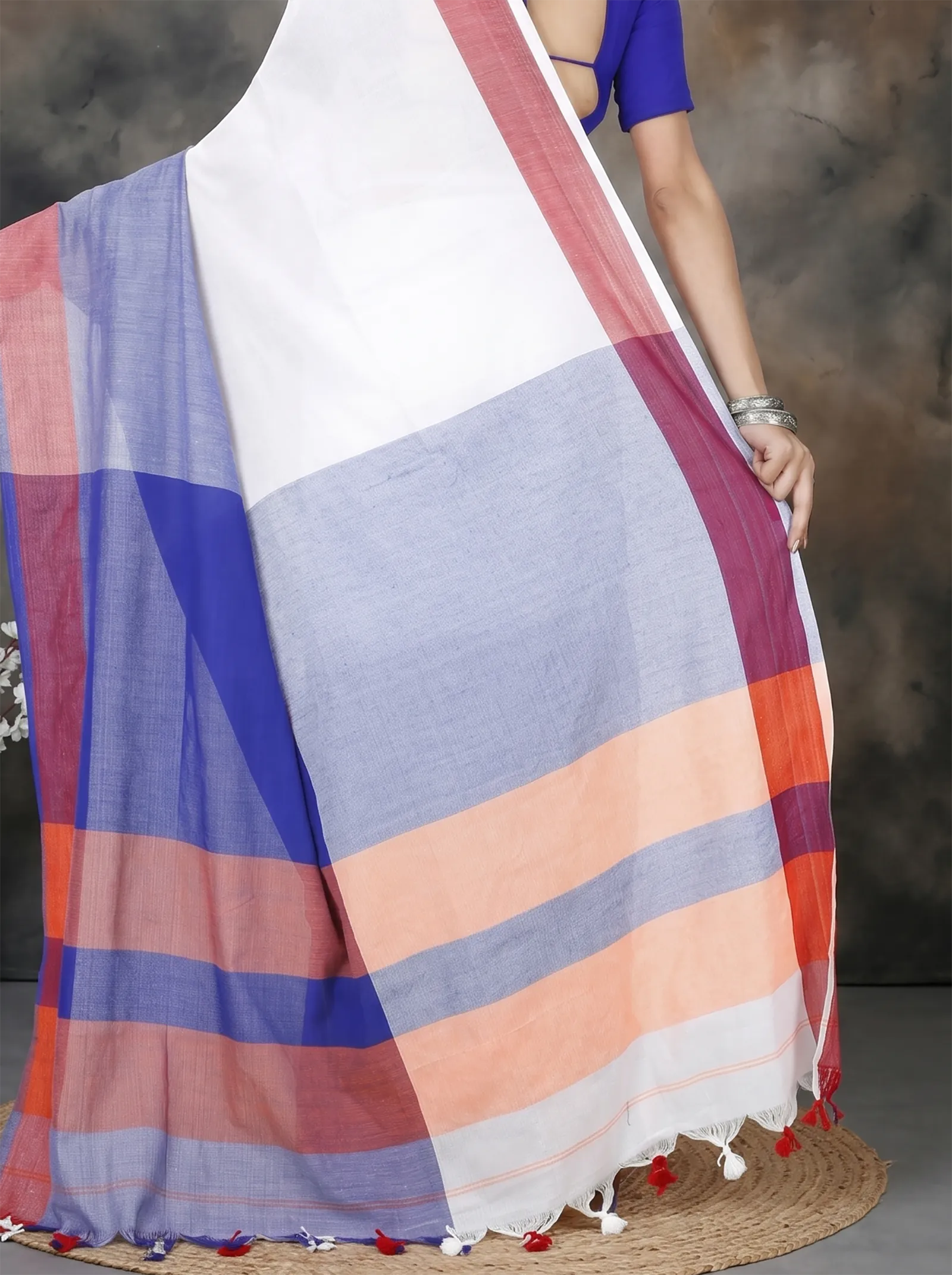 DipDiya Pure Cotton  Traditional Bengali White Blue Artisan Crafted Kousiki Handloom Saree