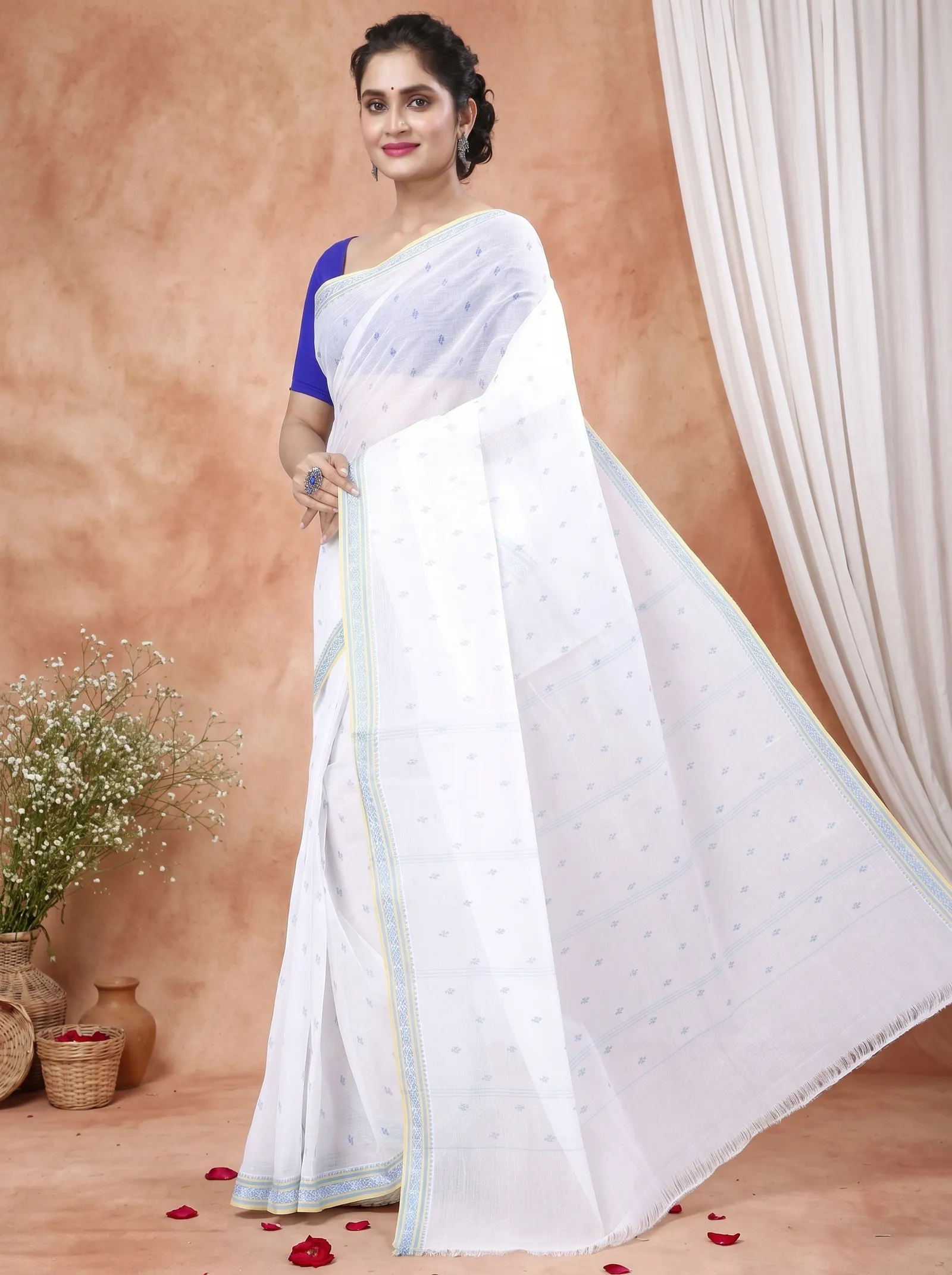 DipDiya Pure Cotton  Traditional Bengali White Blue Artisan Crafted Regina Tant Saree