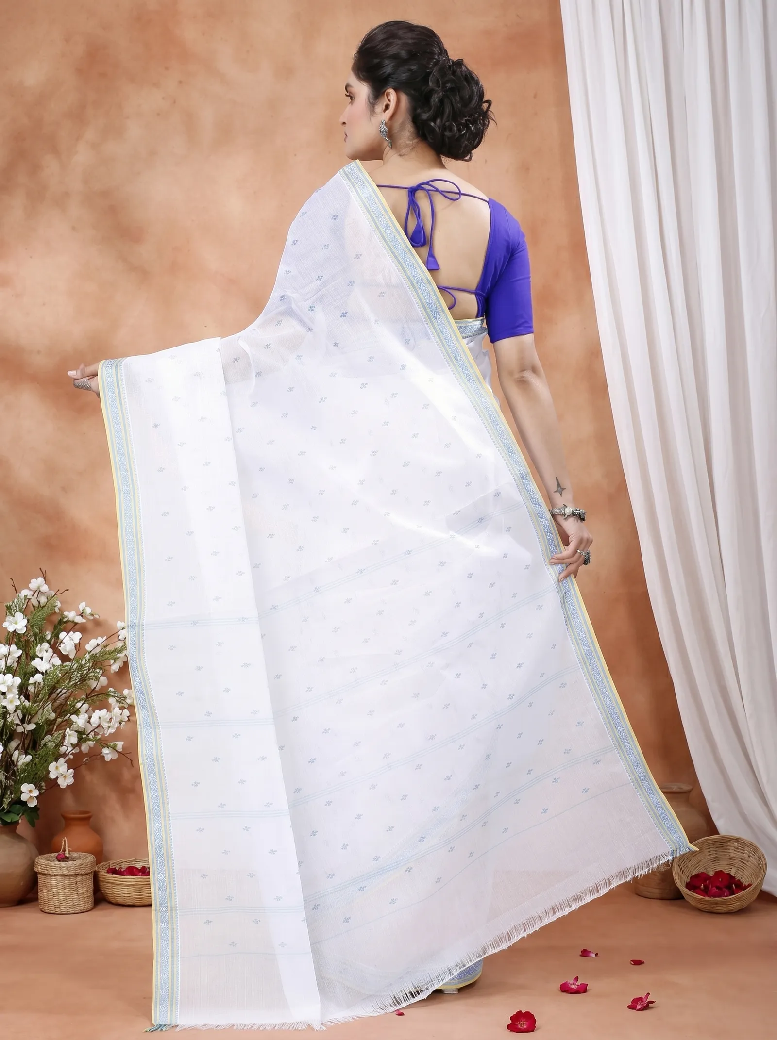 DipDiya Pure Cotton  Traditional Bengali White Blue Artisan Crafted Regina Tant Saree