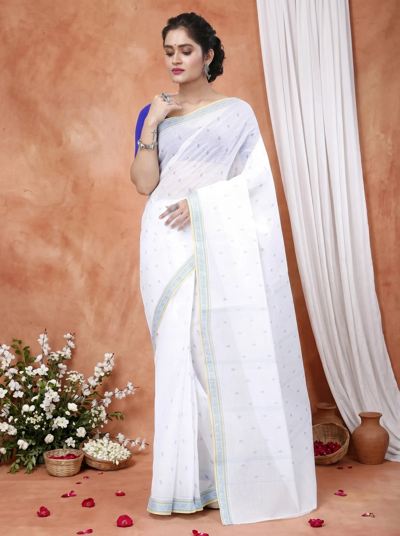 DipDiya Pure Cotton  Traditional Bengali White Blue Artisan Crafted Regina Tant Saree