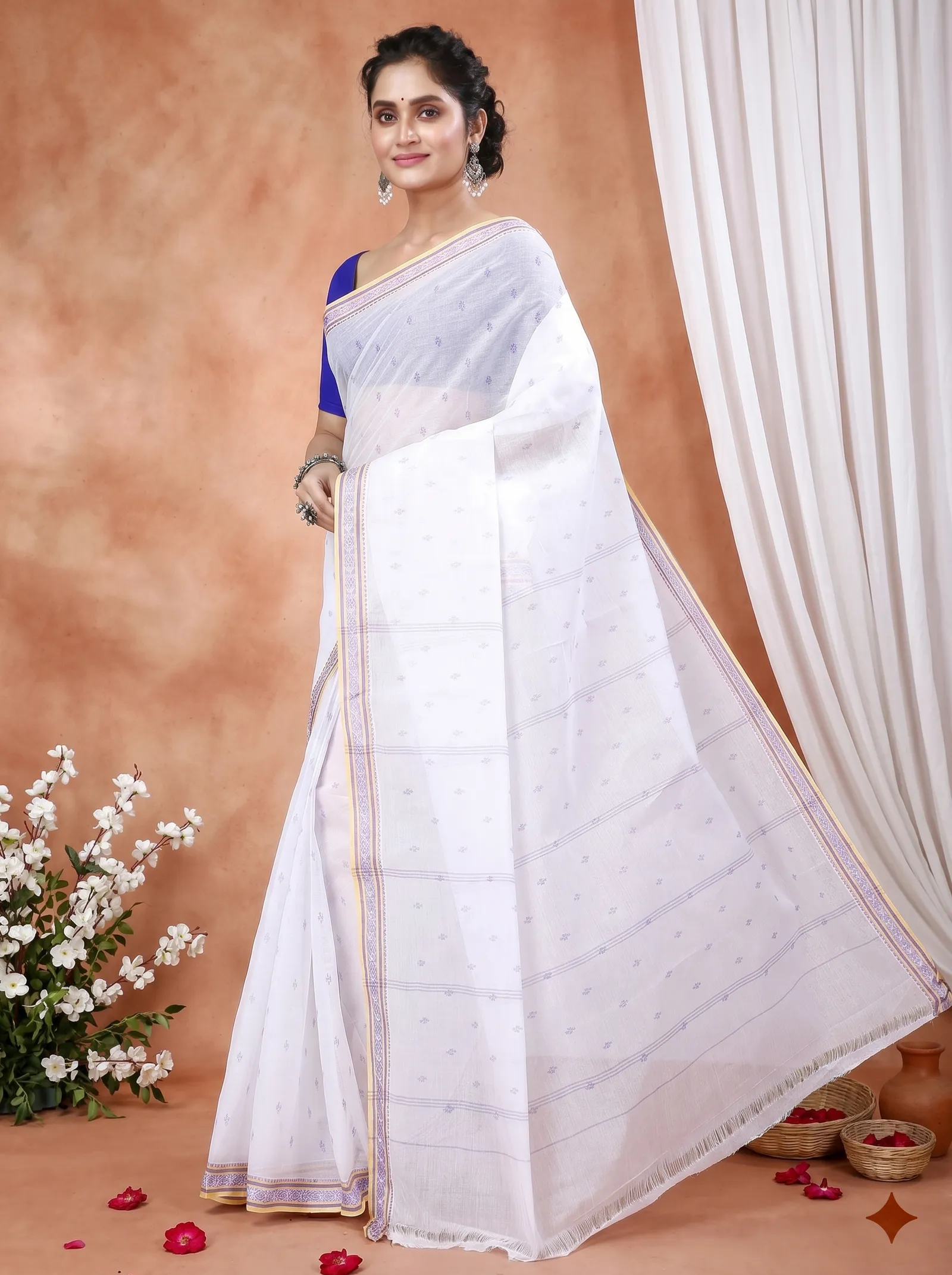 DipDiya Pure Cotton  Traditional Bengali White Brown Artisan Crafted Regina Tant Saree