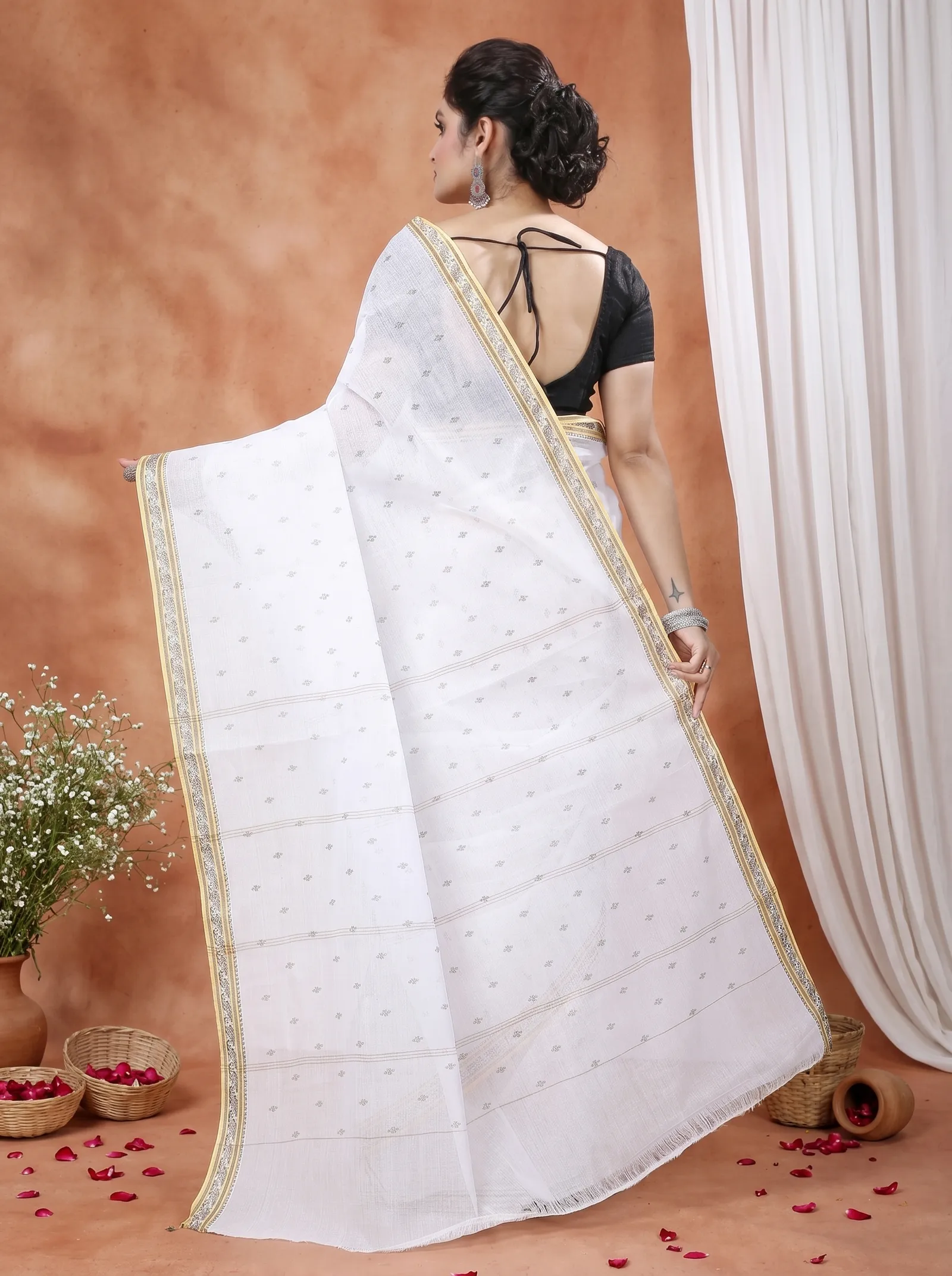 DipDiya Pure Cotton  Traditional Bengali White Golden Artisan Crafted Regina Tant Saree