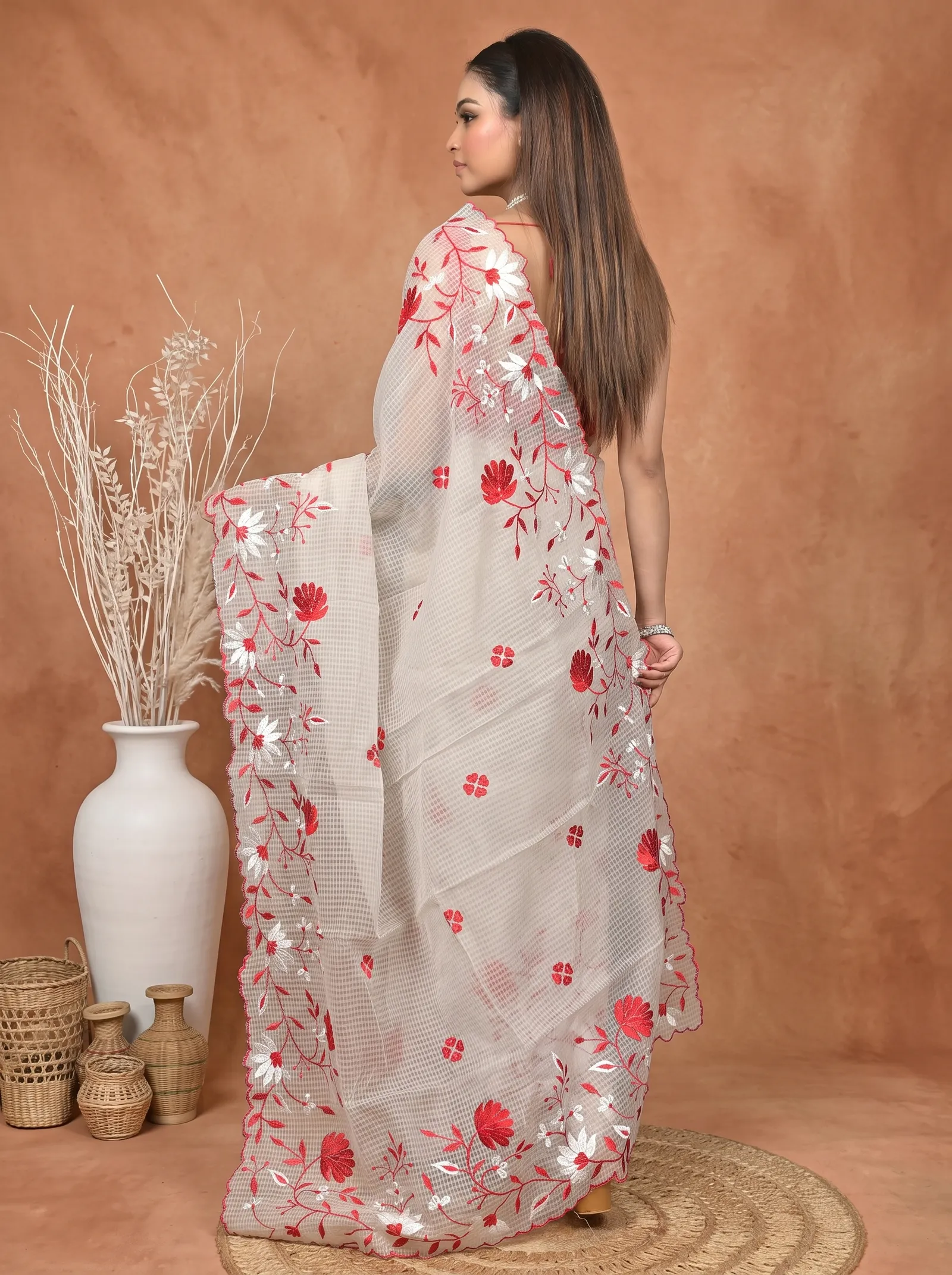 DipDiya Pure Cotton  Traditional Bengali White Red Artisan Crafted Kotambo Kota Embroidery Saree