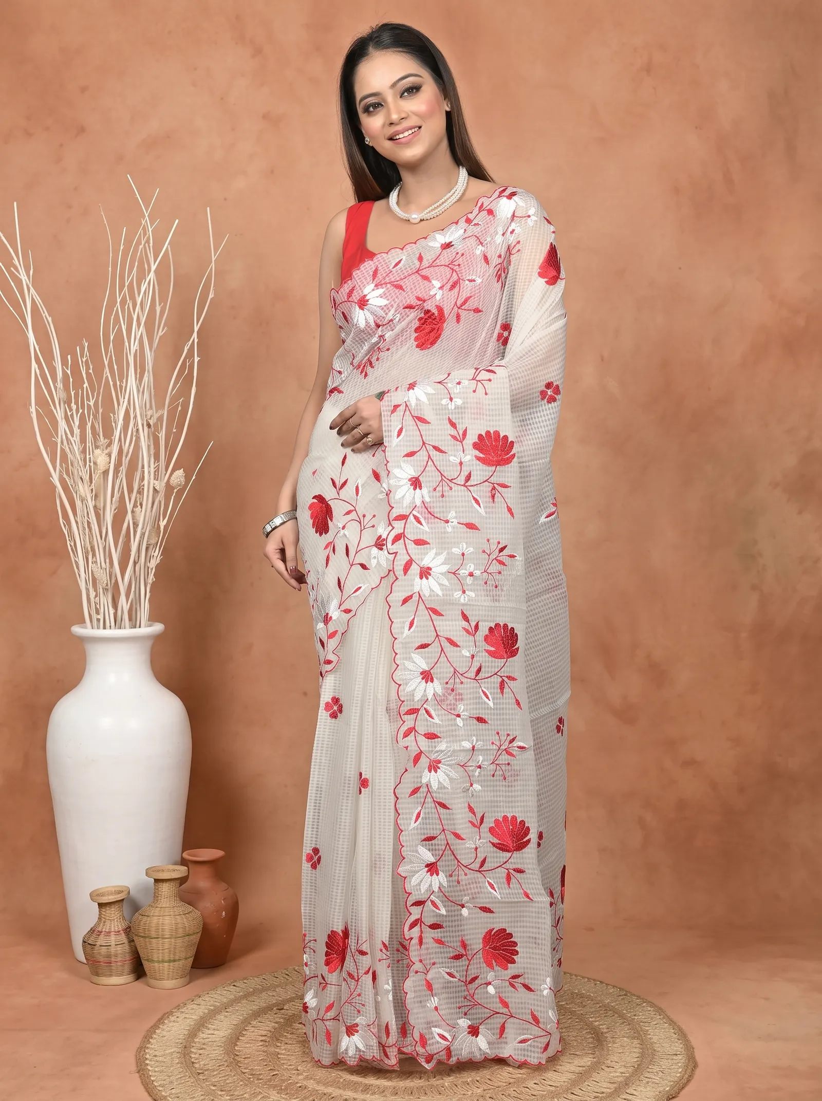 DipDiya Pure Cotton  Traditional Bengali White Red Artisan Crafted Kotambo Kota Embroidery Saree