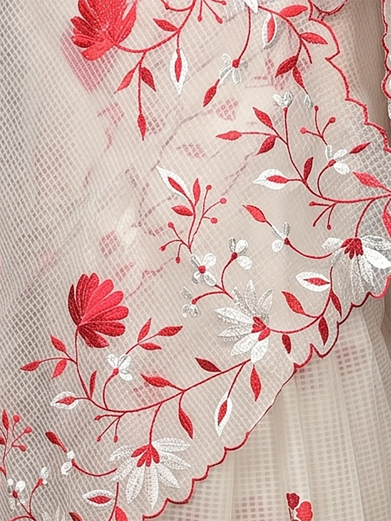 DipDiya Pure Cotton  Traditional Bengali White Red Artisan Crafted Kotambo Kota Embroidery Saree