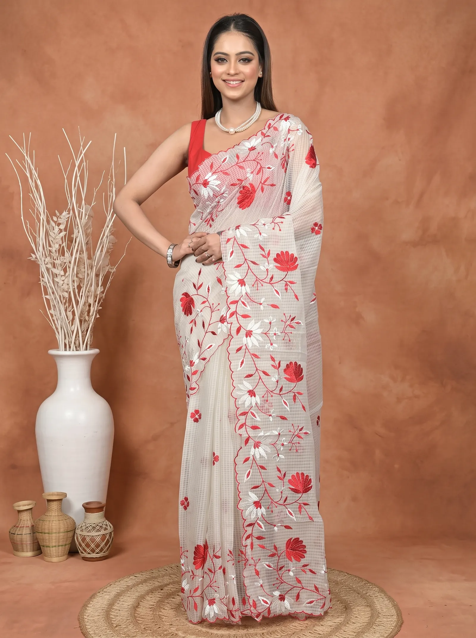 DipDiya Pure Cotton  Traditional Bengali White Red Artisan Crafted Kotambo Kota Embroidery Saree