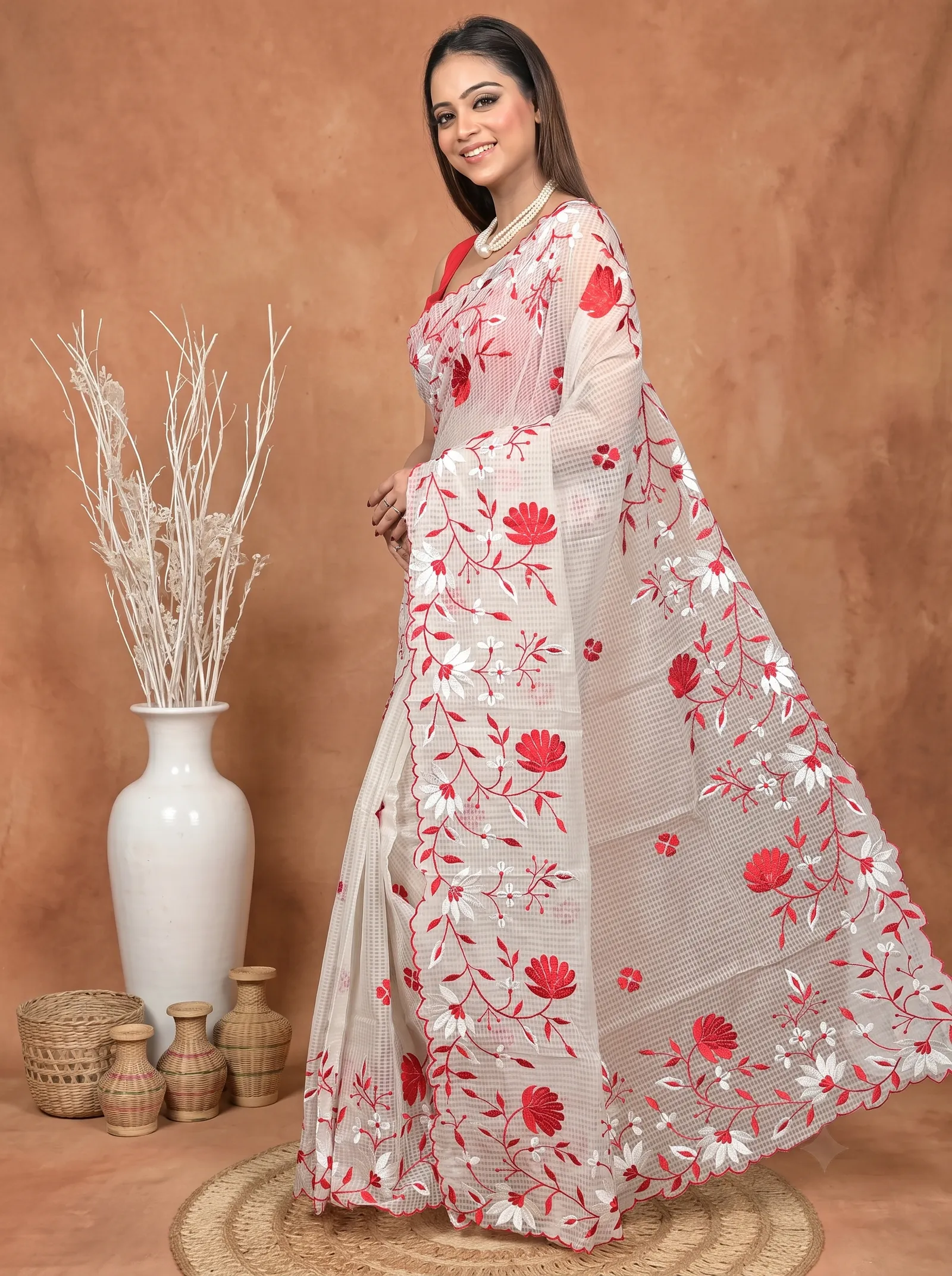 DipDiya Pure Cotton  Traditional Bengali White Red Artisan Crafted Kotambo Kota Embroidery Saree