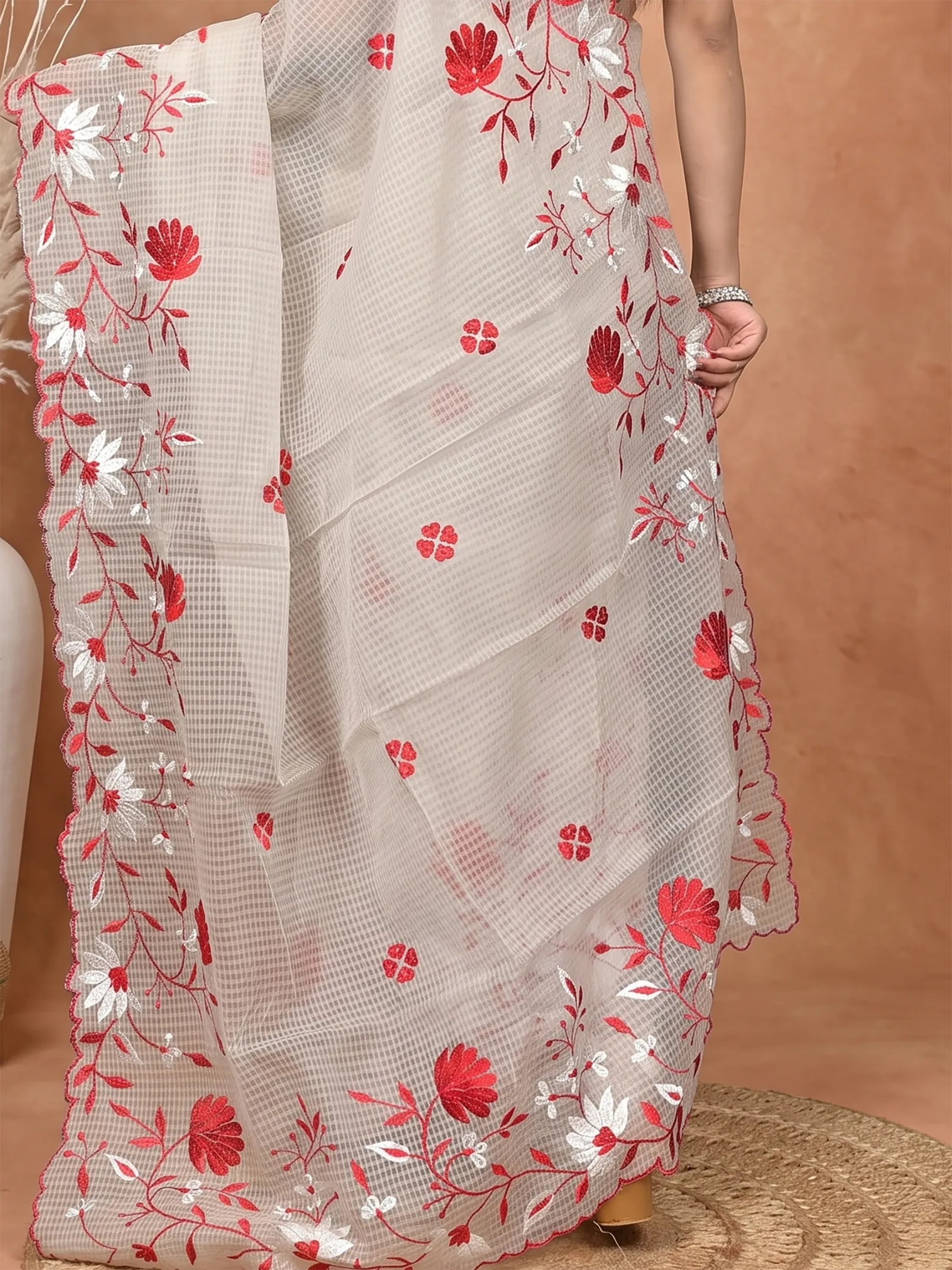 DipDiya Pure Cotton  Traditional Bengali White Red Artisan Crafted Kotambo Kota Embroidery Saree