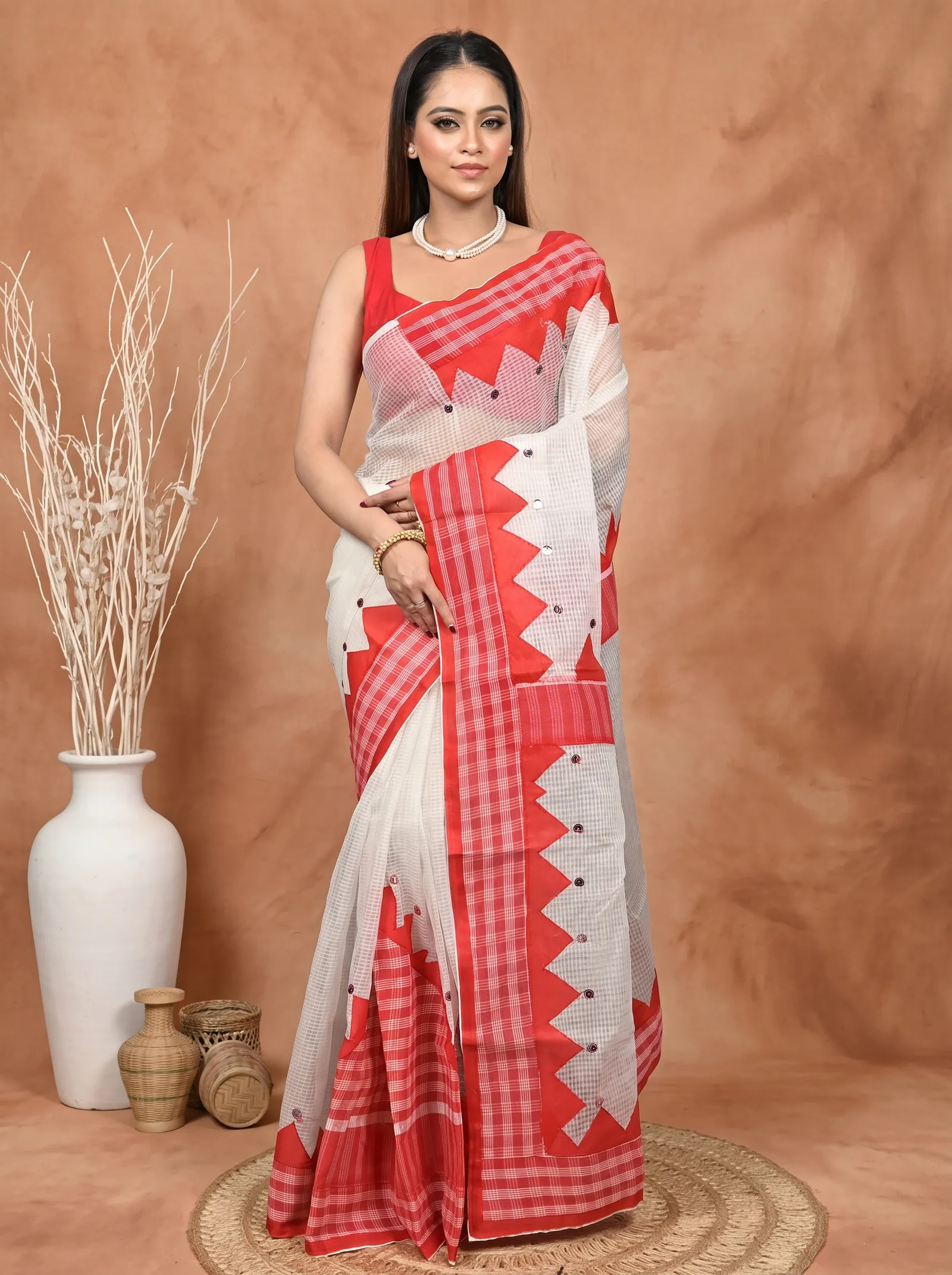 DipDiya Pure Cotton  Traditional Bengali White Red Artisan Crafted Kotaplik Kota Applique Saree