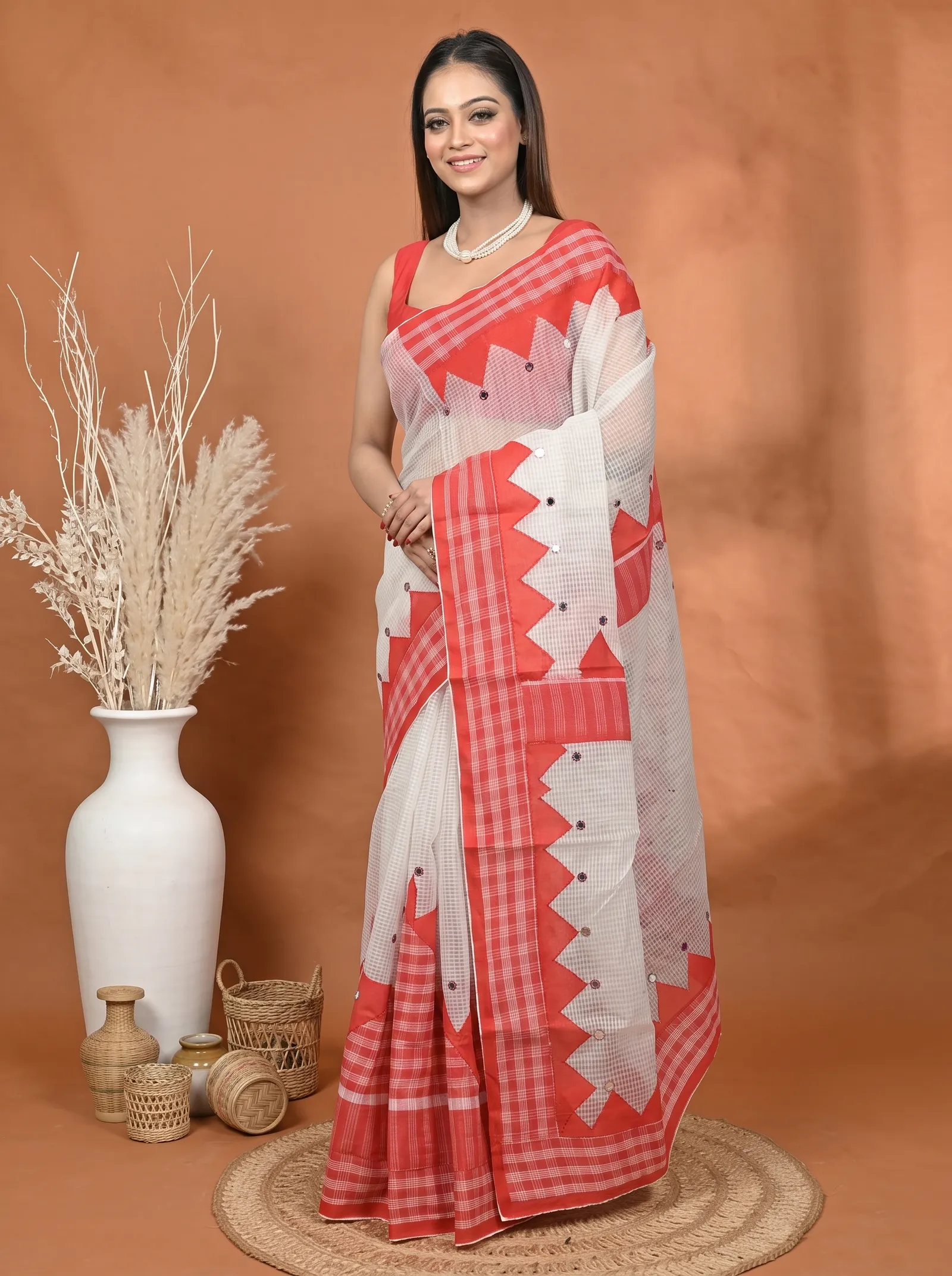 DipDiya Pure Cotton  Traditional Bengali White Red Artisan Crafted Kotaplik Kota Applique Saree