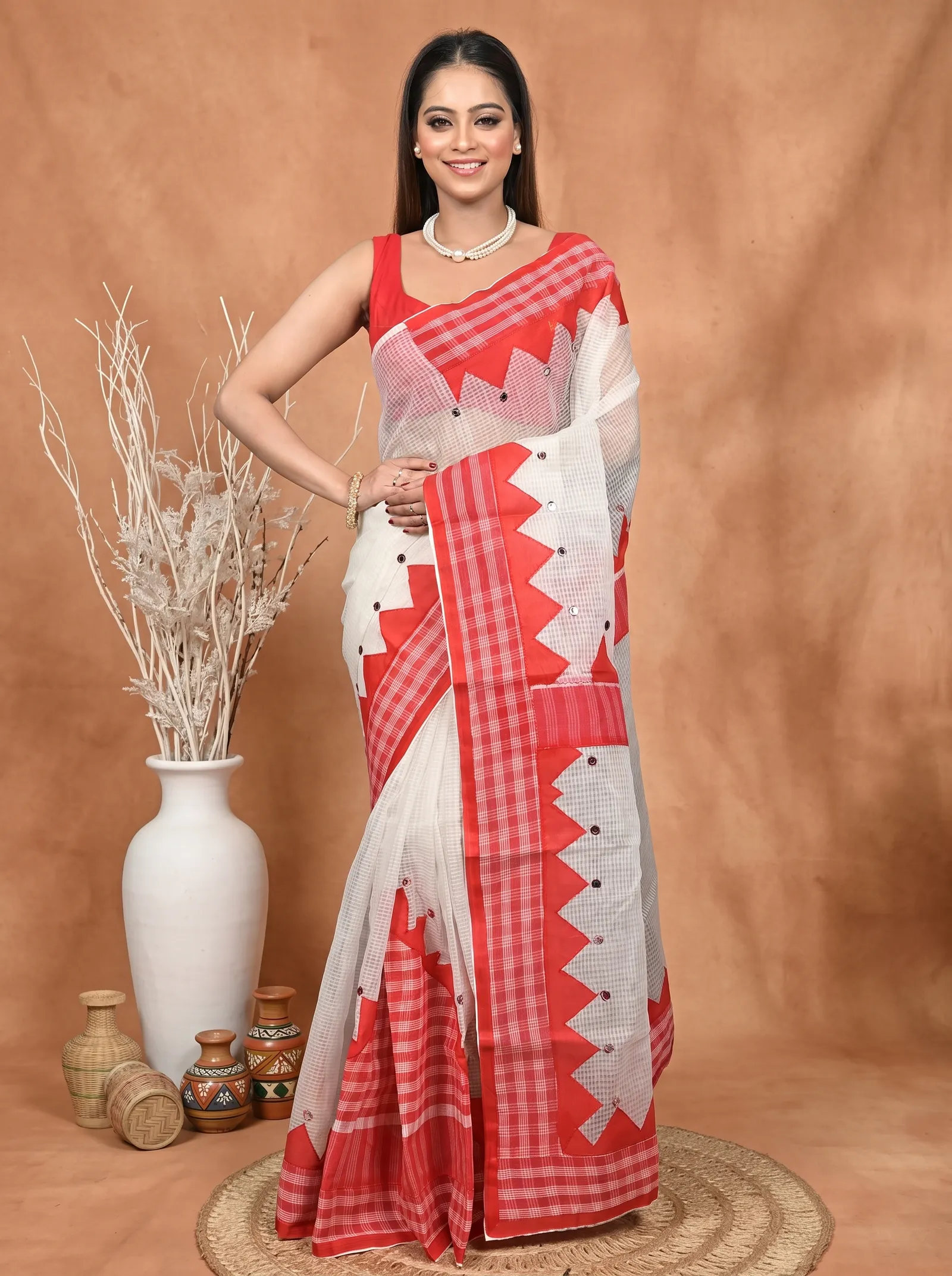 DipDiya Pure Cotton  Traditional Bengali White Red Artisan Crafted Kotaplik Kota Applique Saree