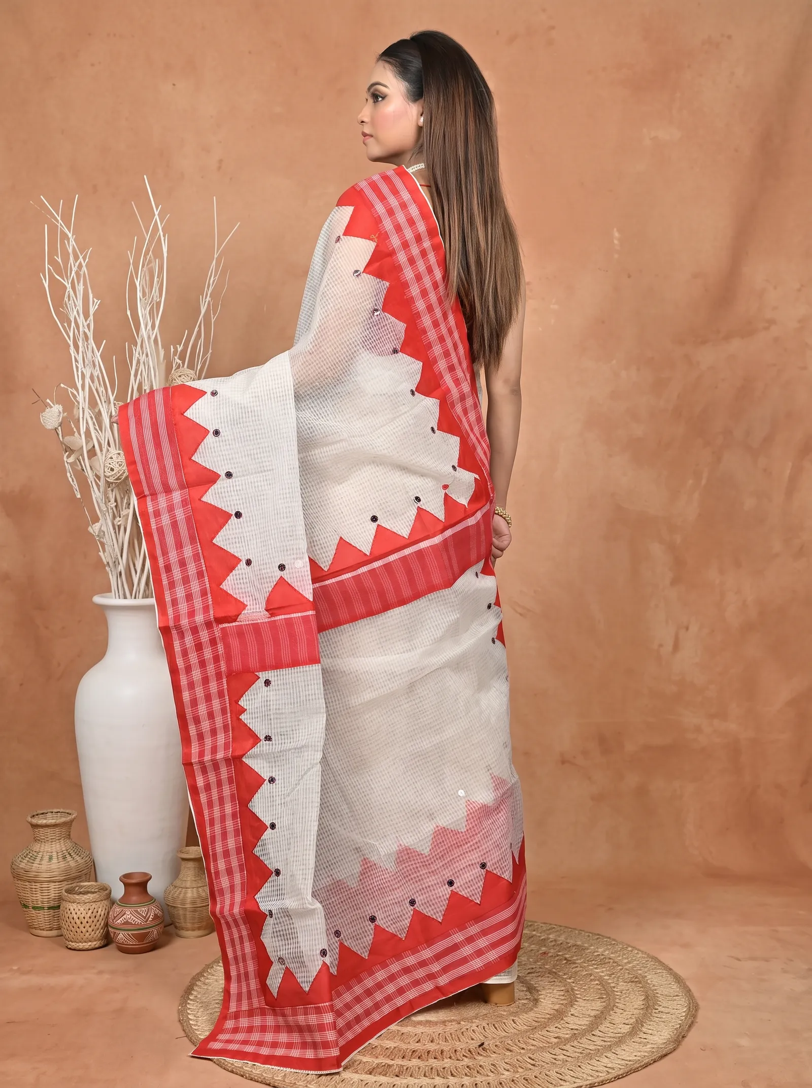 DipDiya Pure Cotton  Traditional Bengali White Red Artisan Crafted Kotaplik Kota Applique Saree