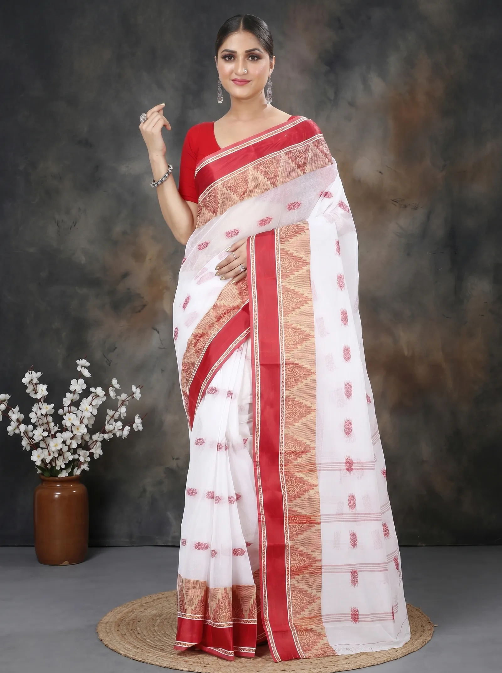 DipDiya Pure Cotton  Traditional Bengali White Red Artisan Crafted Sadasob Tant Saree