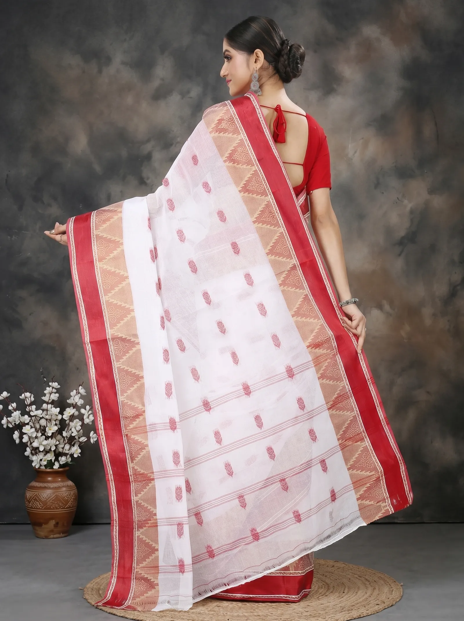 DipDiya Pure Cotton  Traditional Bengali White Red Artisan Crafted Sadasob Tant Saree