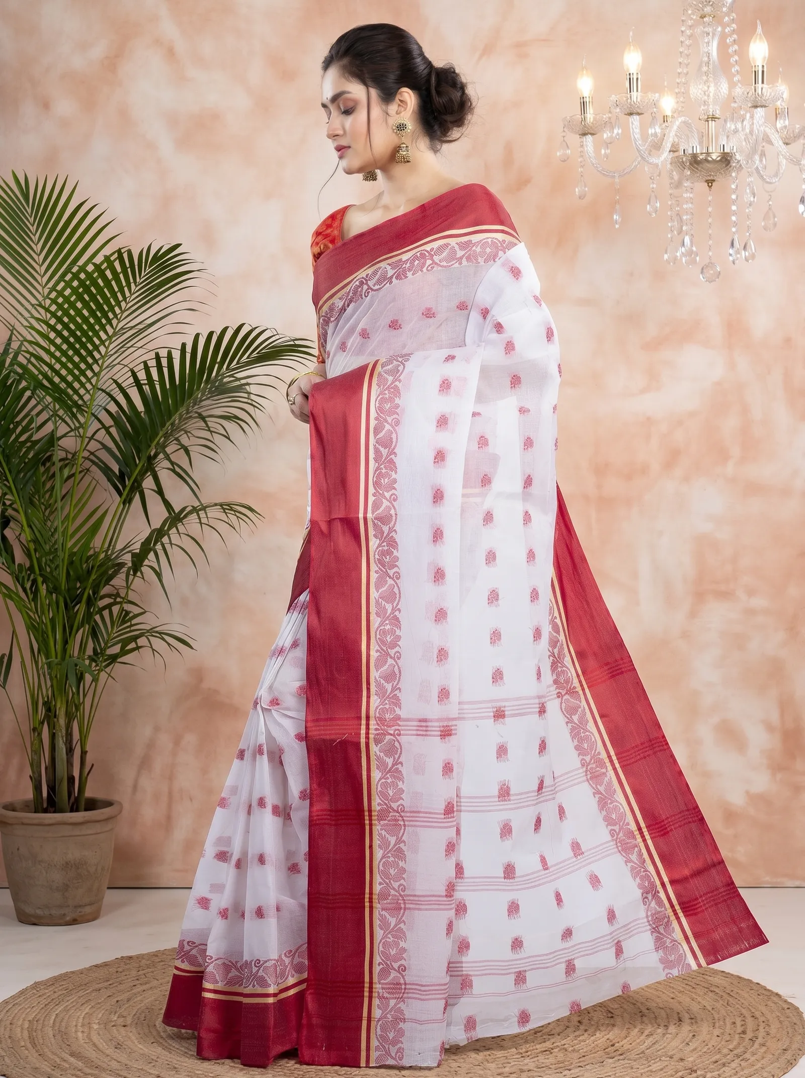 DipDiya Pure Cotton  Traditional Bengali White Red Artisan Crafted Sukla Velvet Tant Saree