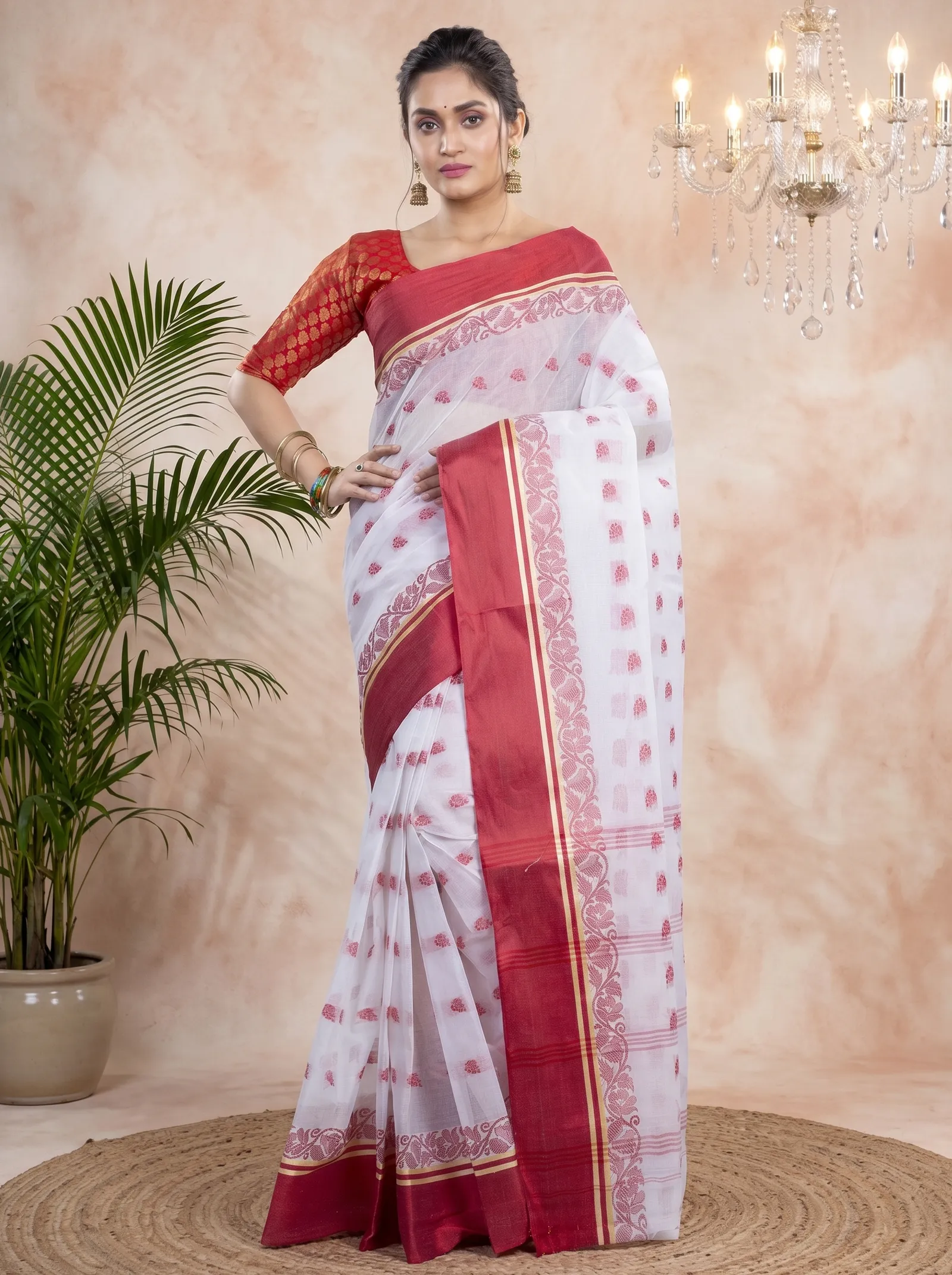 DipDiya Pure Cotton  Traditional Bengali White Red Artisan Crafted Sukla Velvet Tant Saree