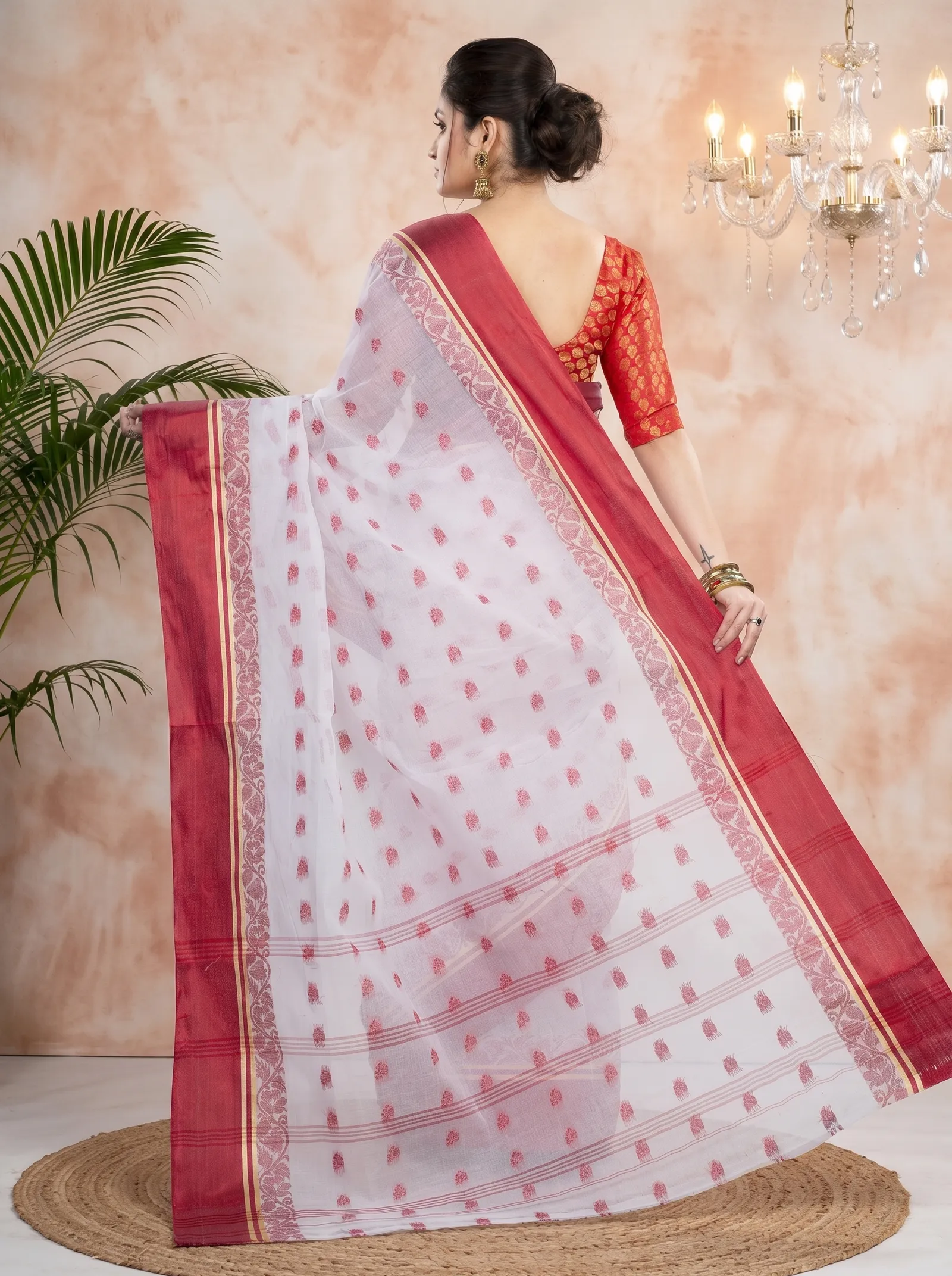 DipDiya Pure Cotton  Traditional Bengali White Red Artisan Crafted Sukla Velvet Tant Saree