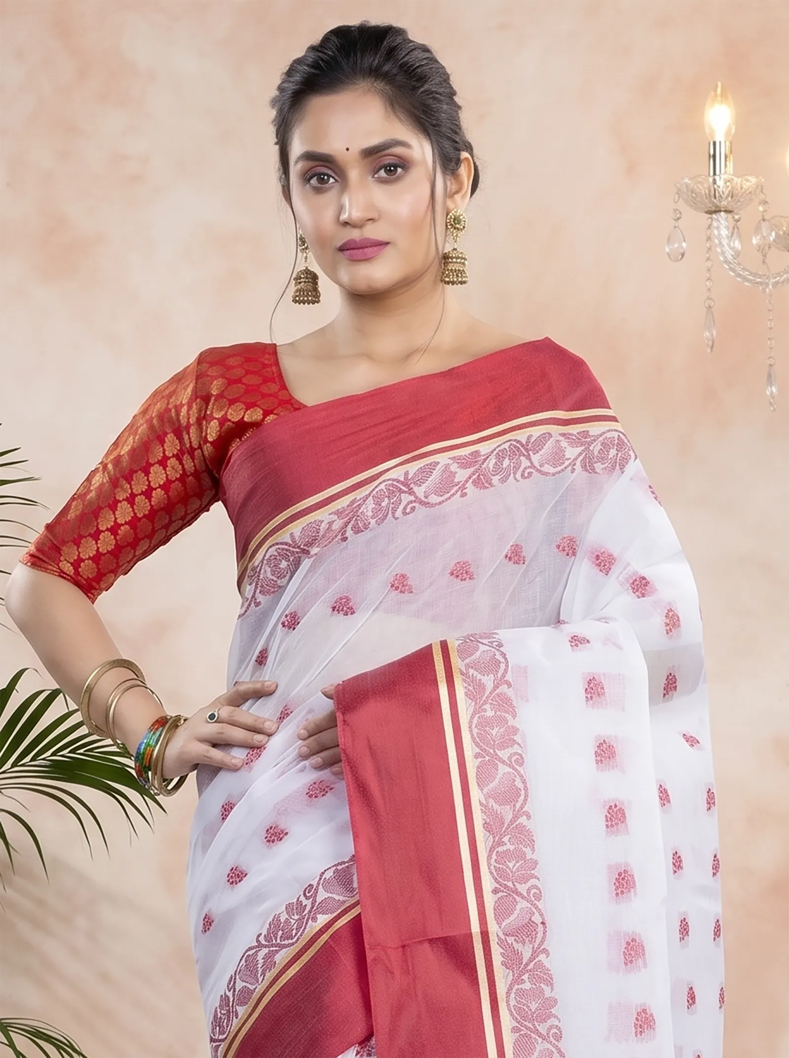 DipDiya Pure Cotton  Traditional Bengali White Red Artisan Crafted Sukla Velvet Tant Saree