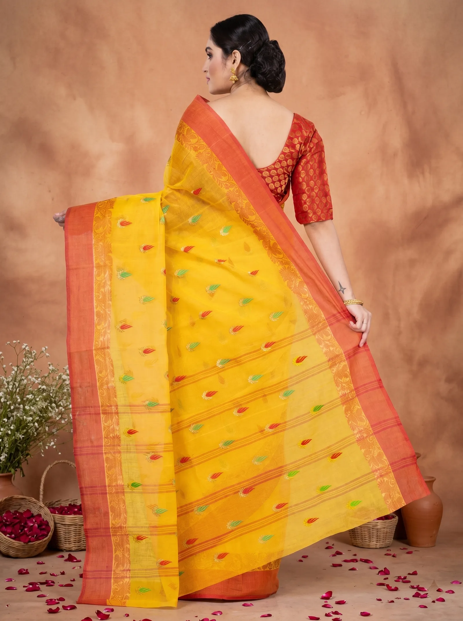 DipDiya Pure Cotton  Traditional Bengali Yellow Artisan Crafted Clasic Than Embroidery Tant Saree