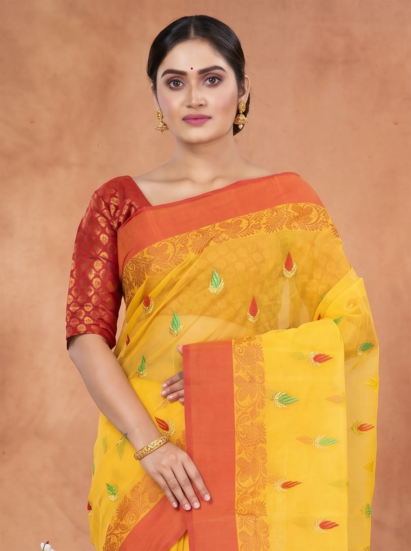 DipDiya Pure Cotton  Traditional Bengali Yellow Artisan Crafted Clasic Than Embroidery Tant Saree