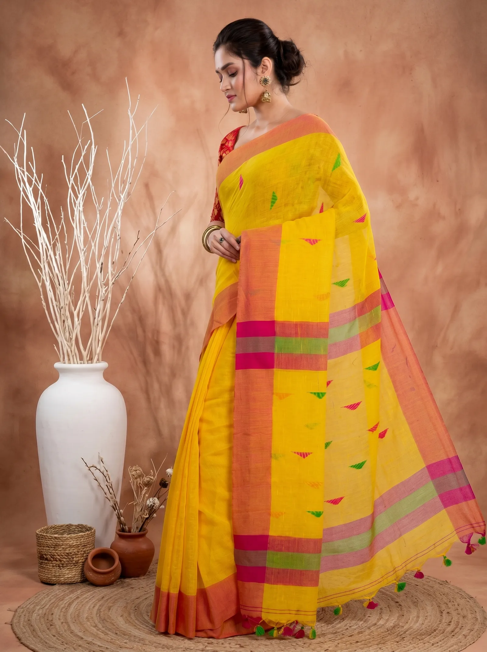 DipDiya Pure Cotton  Traditional Bengali Yellow Artisan Crafted Clasic Thann Handloom Saree