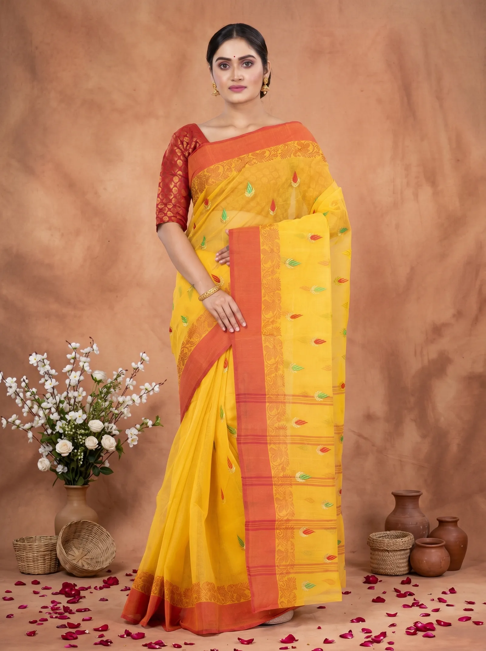 DipDiya Pure Cotton  Traditional Bengali Yellow Artisan Crafted Clasic Than Embroidery Tant Saree