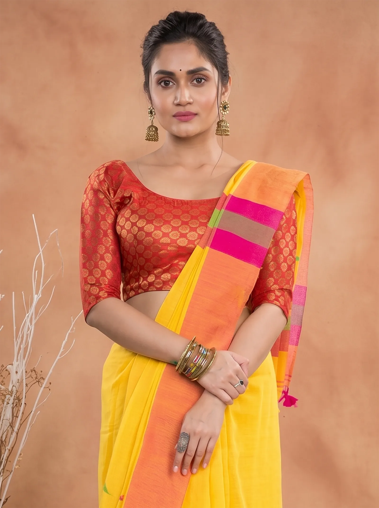 DipDiya Pure Cotton  Traditional Bengali Yellow Artisan Crafted Clasic Thann Handloom Saree