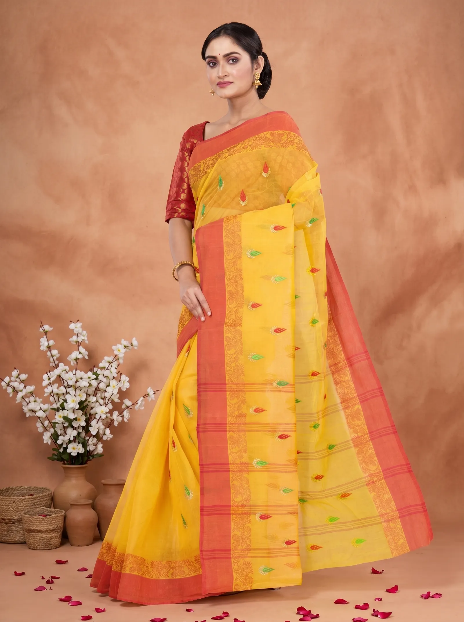 DipDiya Pure Cotton  Traditional Bengali Yellow Artisan Crafted Clasic Than Embroidery Tant Saree