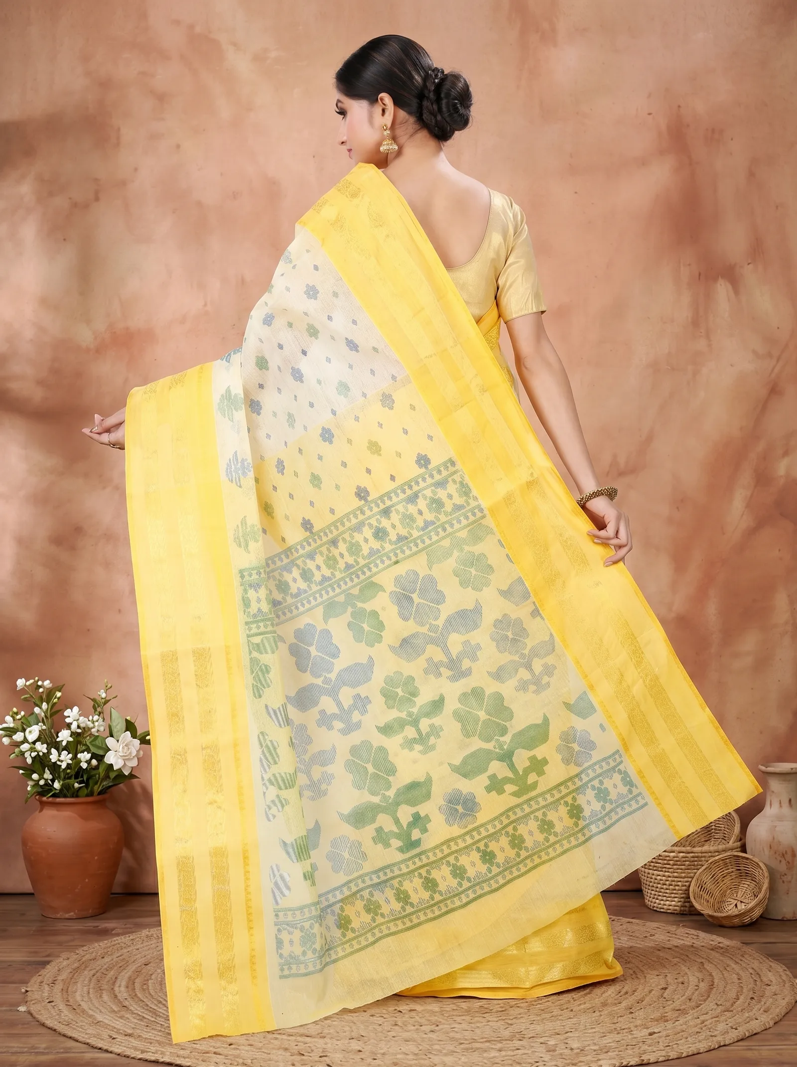 DipDiya Pure Cotton  Traditional Bengali Yellow Artisan Crafted FullBall Print Printed Tant Saree