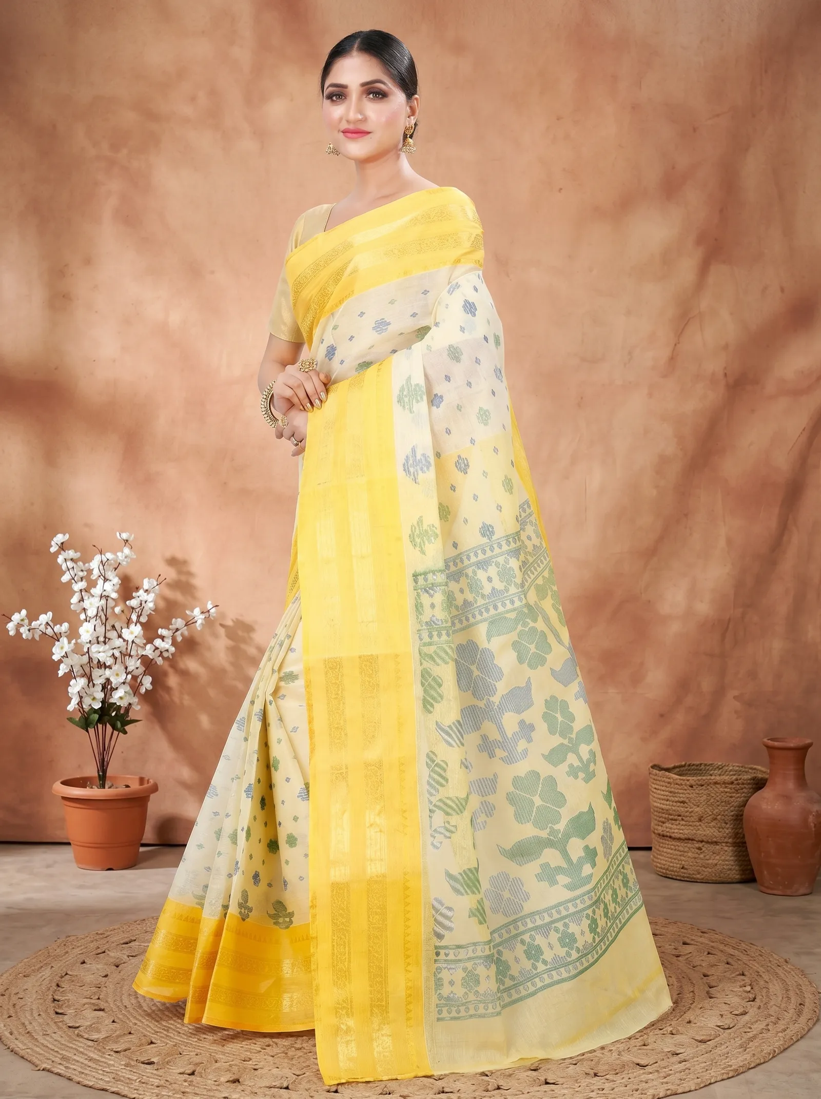 DipDiya Pure Cotton  Traditional Bengali Yellow Artisan Crafted FullBall Print Printed Tant Saree