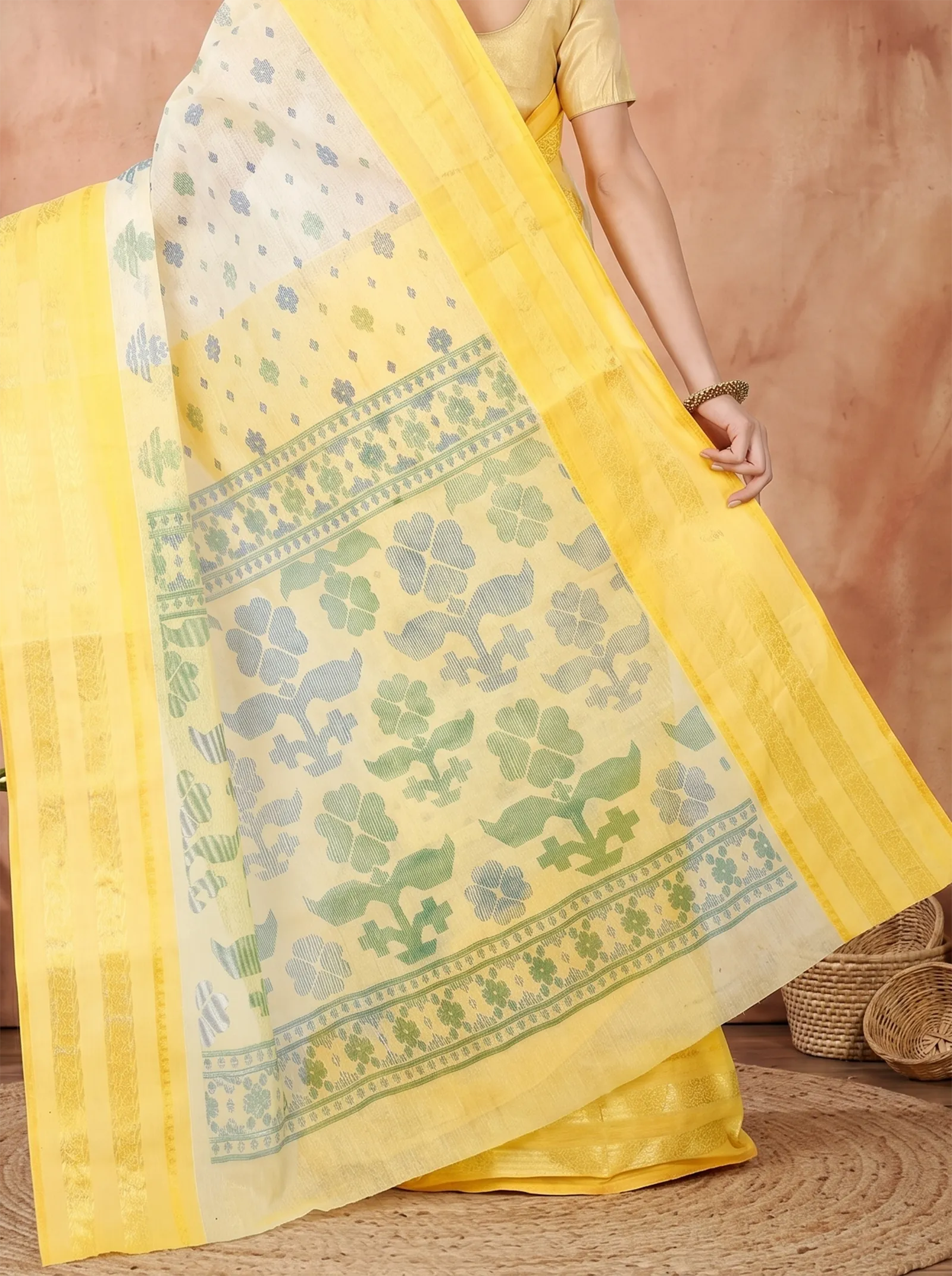 DipDiya Pure Cotton  Traditional Bengali Yellow Artisan Crafted FullBall Print Printed Tant Saree