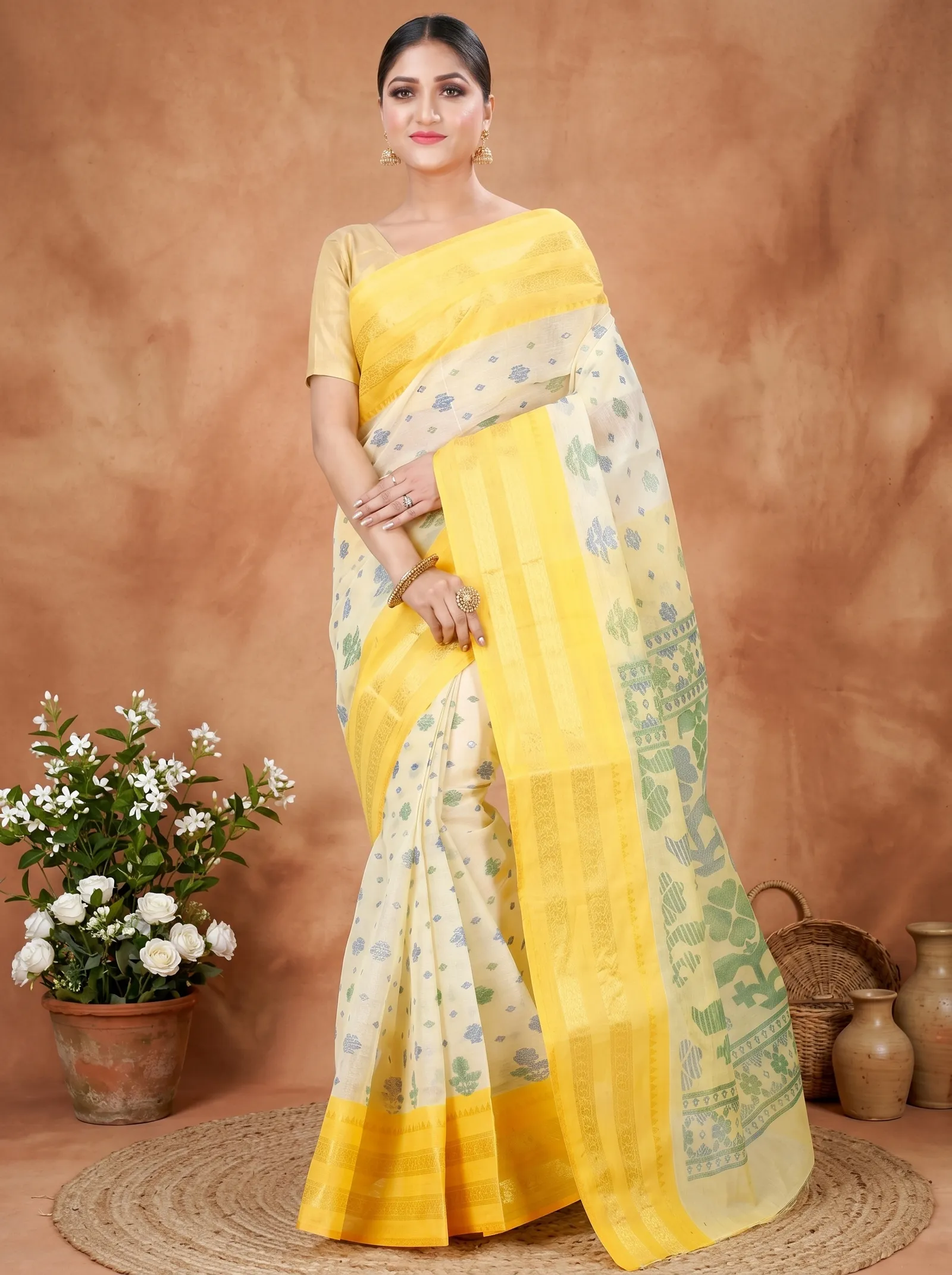 DipDiya Pure Cotton  Traditional Bengali Yellow Artisan Crafted FullBall Print Printed Tant Saree