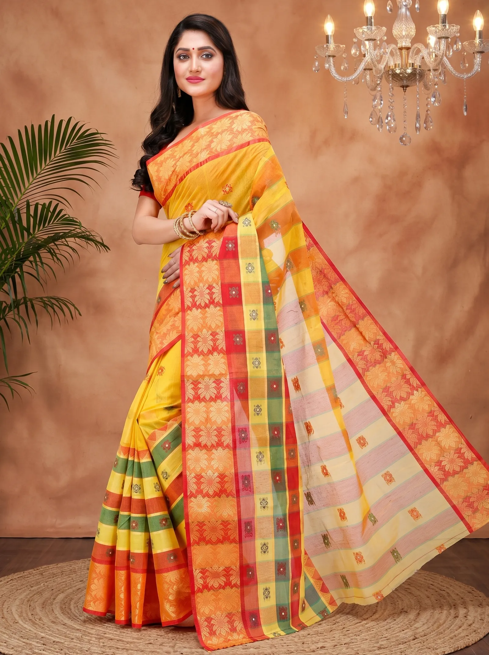 DipDiya Pure Cotton  Traditional Bengali Yellow Artisan Crafted FulPar Tant Saree