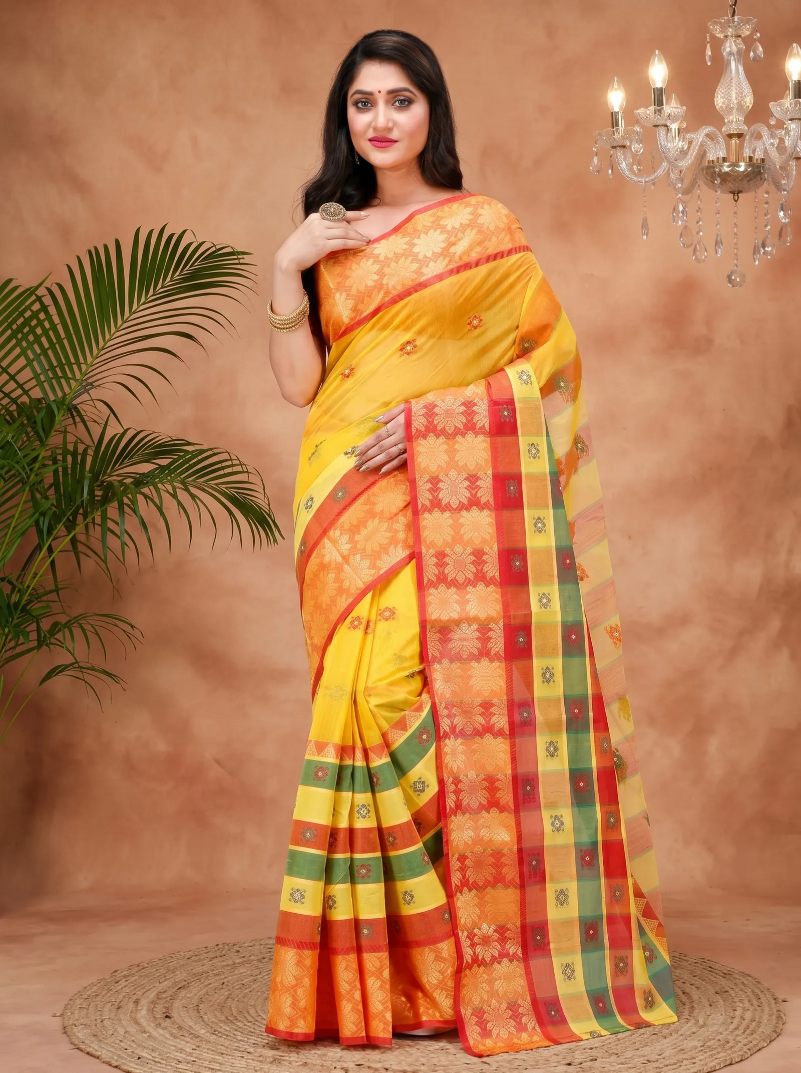DipDiya Pure Cotton  Traditional Bengali Yellow Artisan Crafted FulPar Tant Saree
