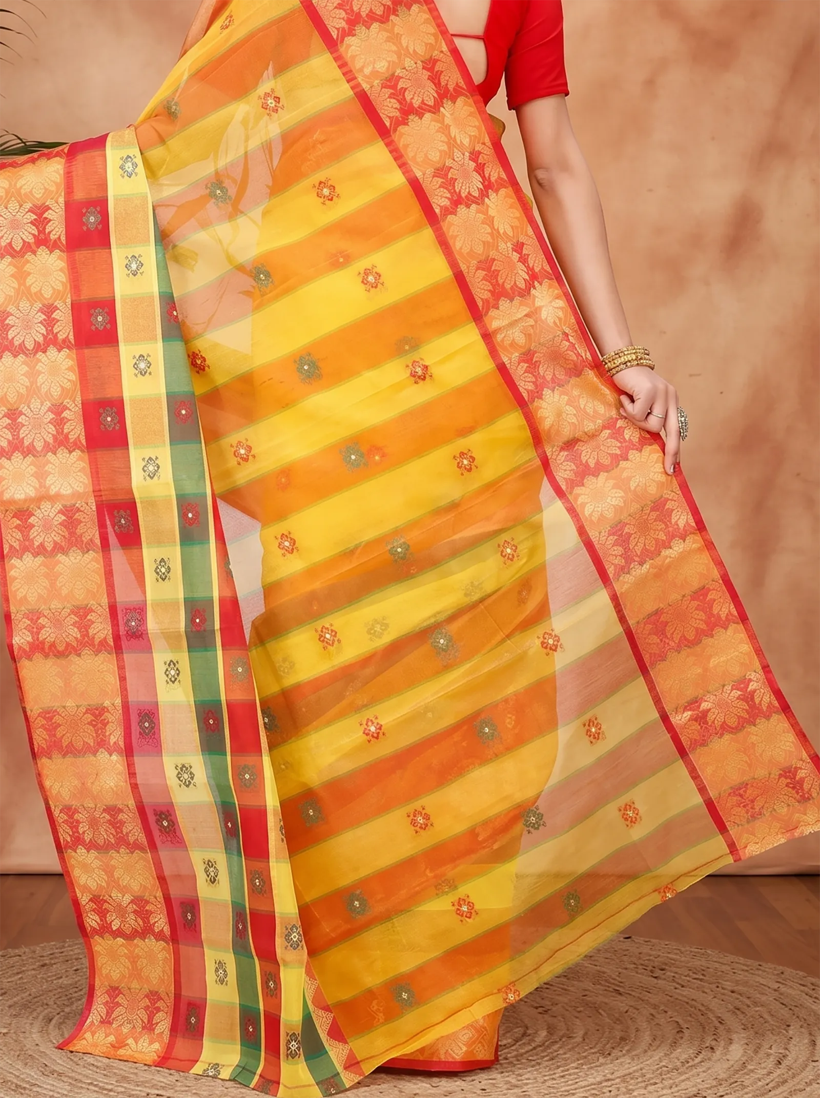 DipDiya Pure Cotton  Traditional Bengali Yellow Artisan Crafted FulPar Tant Saree
