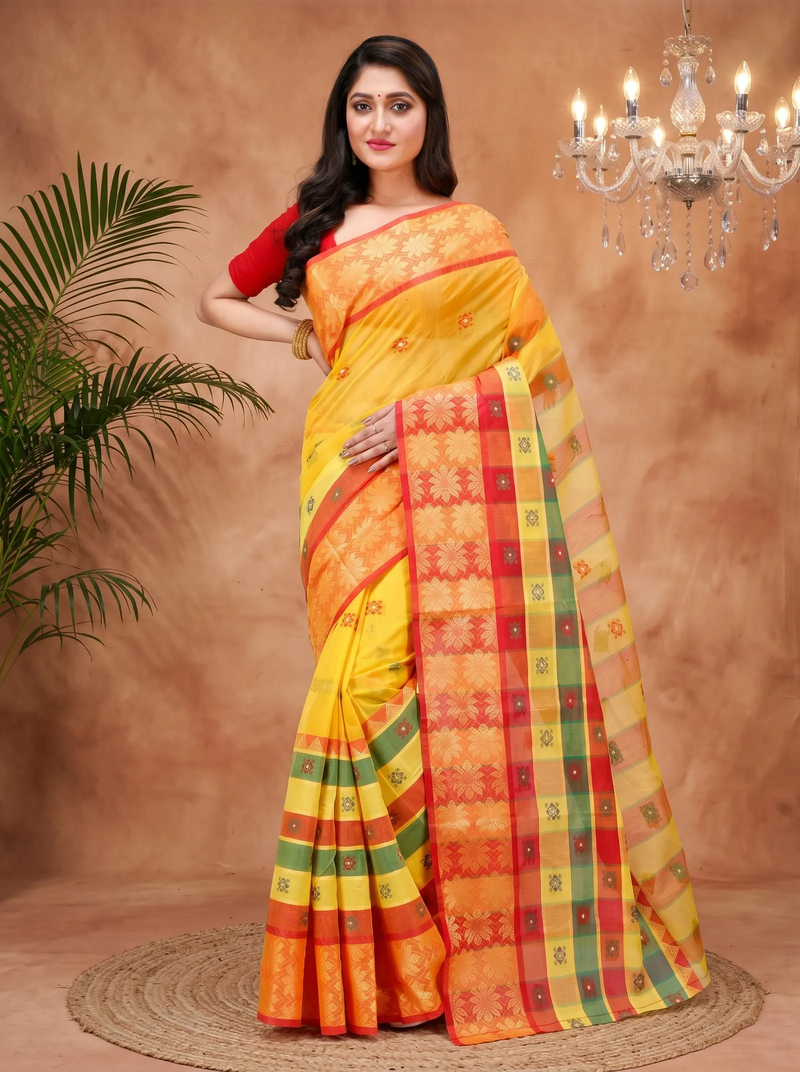 DipDiya Pure Cotton  Traditional Bengali Yellow Artisan Crafted FulPar Tant Saree
