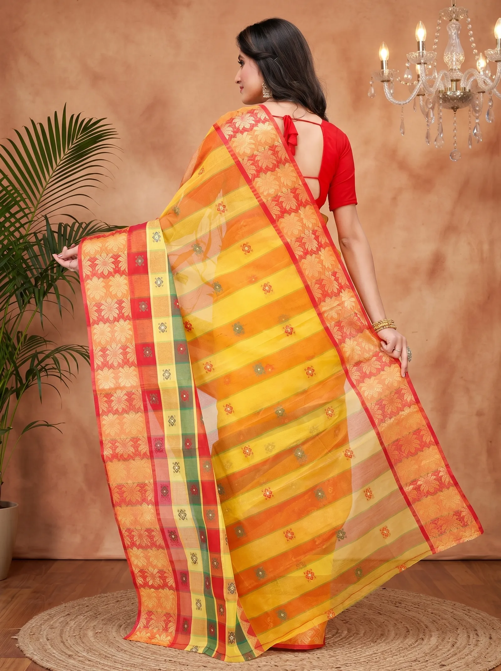 DipDiya Pure Cotton  Traditional Bengali Yellow Artisan Crafted FulPar Tant Saree