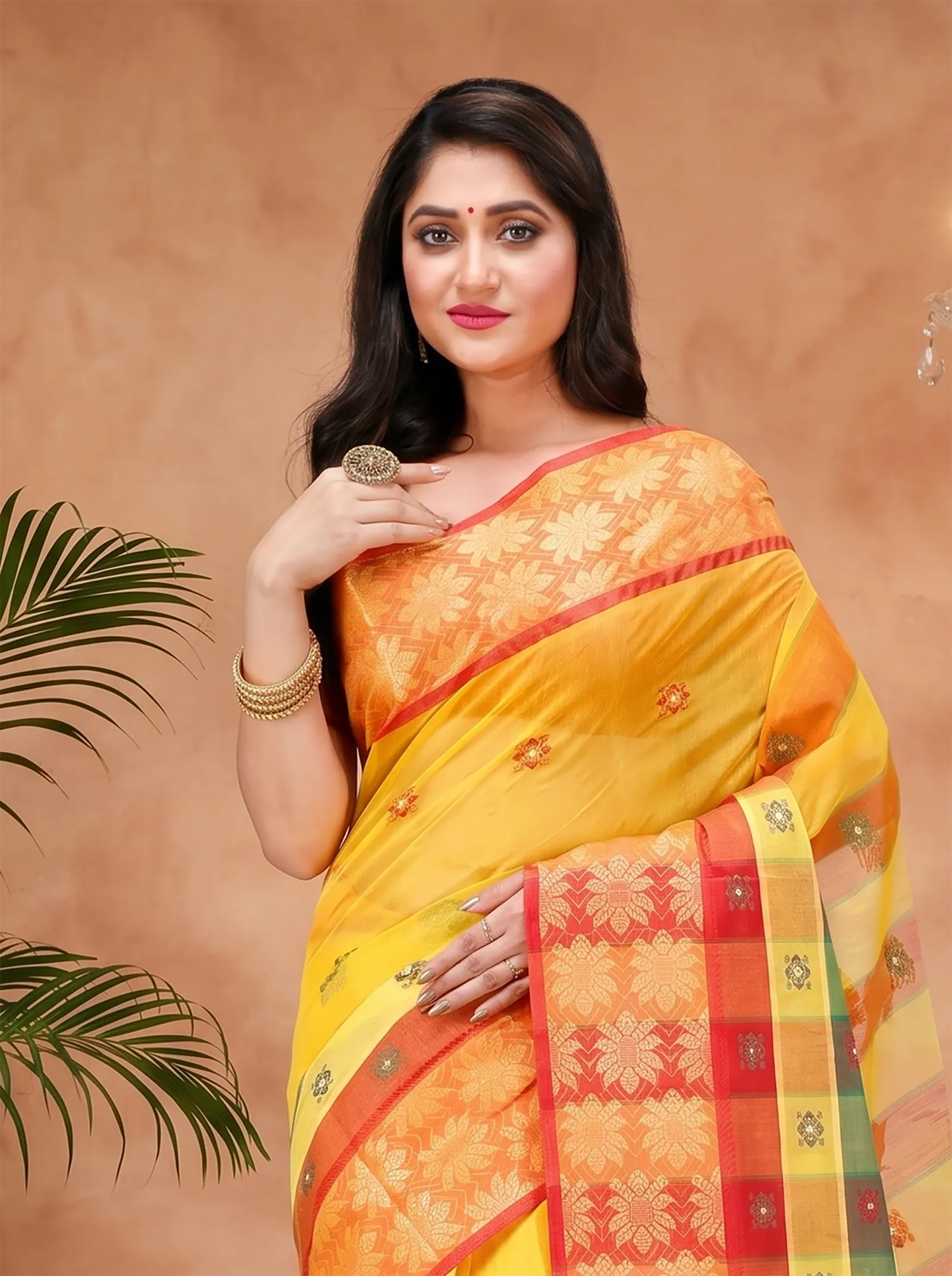 DipDiya Pure Cotton  Traditional Bengali Yellow Artisan Crafted FulPar Tant Saree