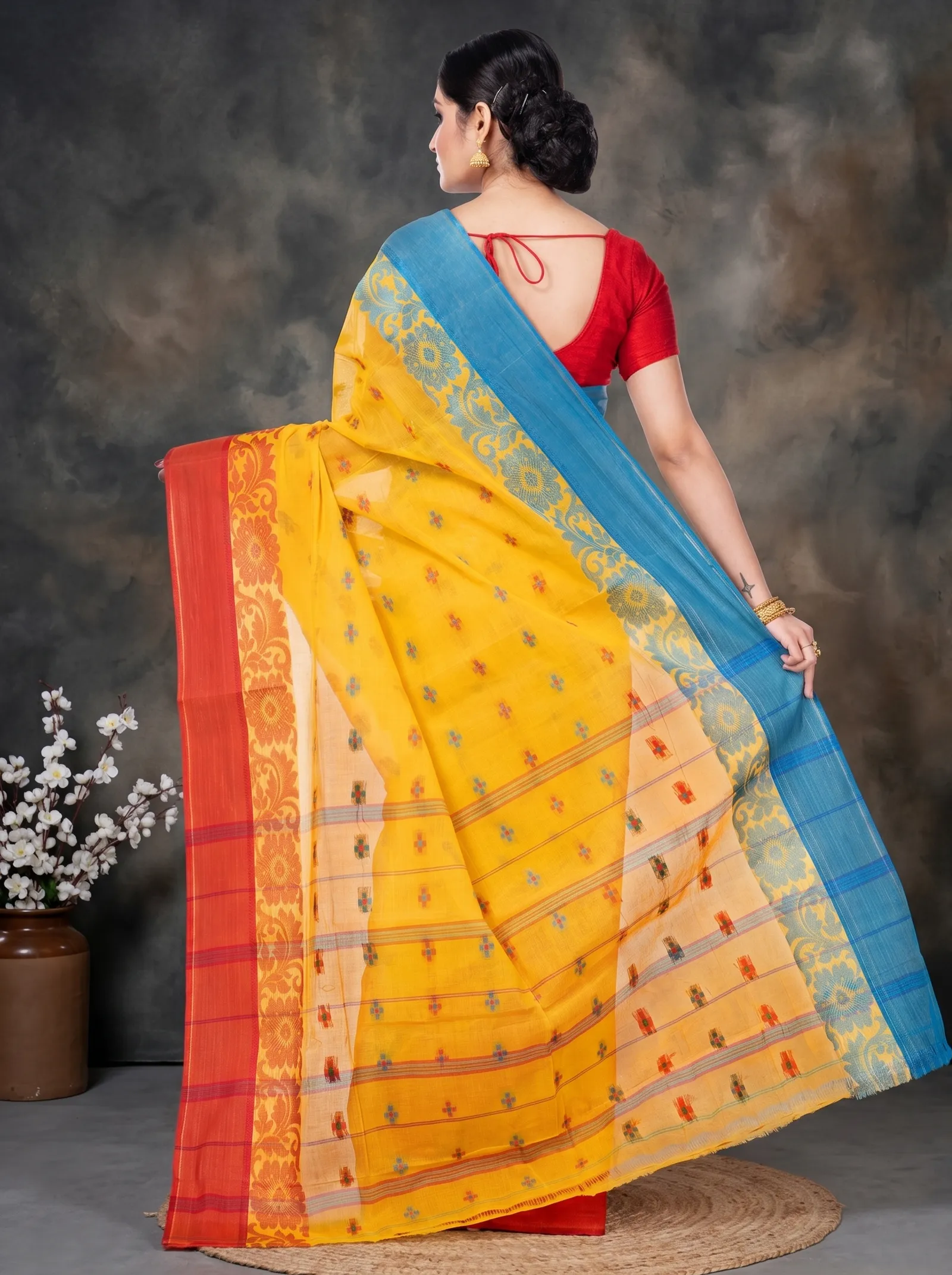 DipDiya Pure Cotton  Traditional Bengali Yellow Artisan Crafted Ganga Jamuna Latapar Tant Saree