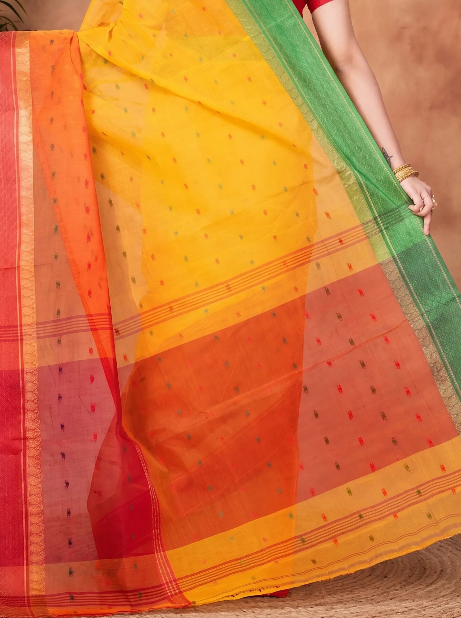 DipDiya Pure Cotton  Traditional Bengali Yellow Artisan Crafted Ganga Jamuna Buti Tant Saree