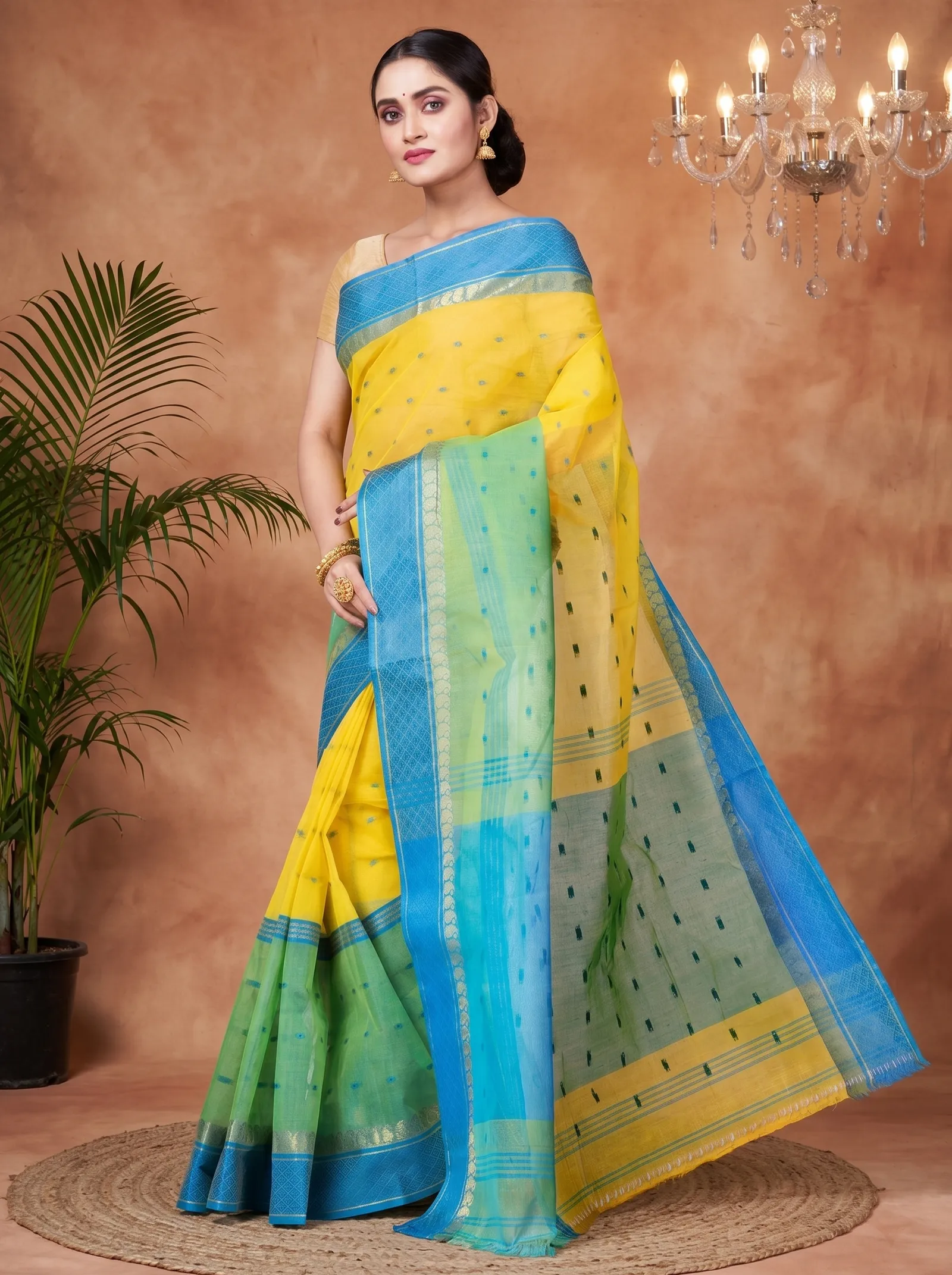 DipDiya Pure Cotton  Traditional Bengali Yellow Artisan Crafted Ganga Jamuna  Tant Saree