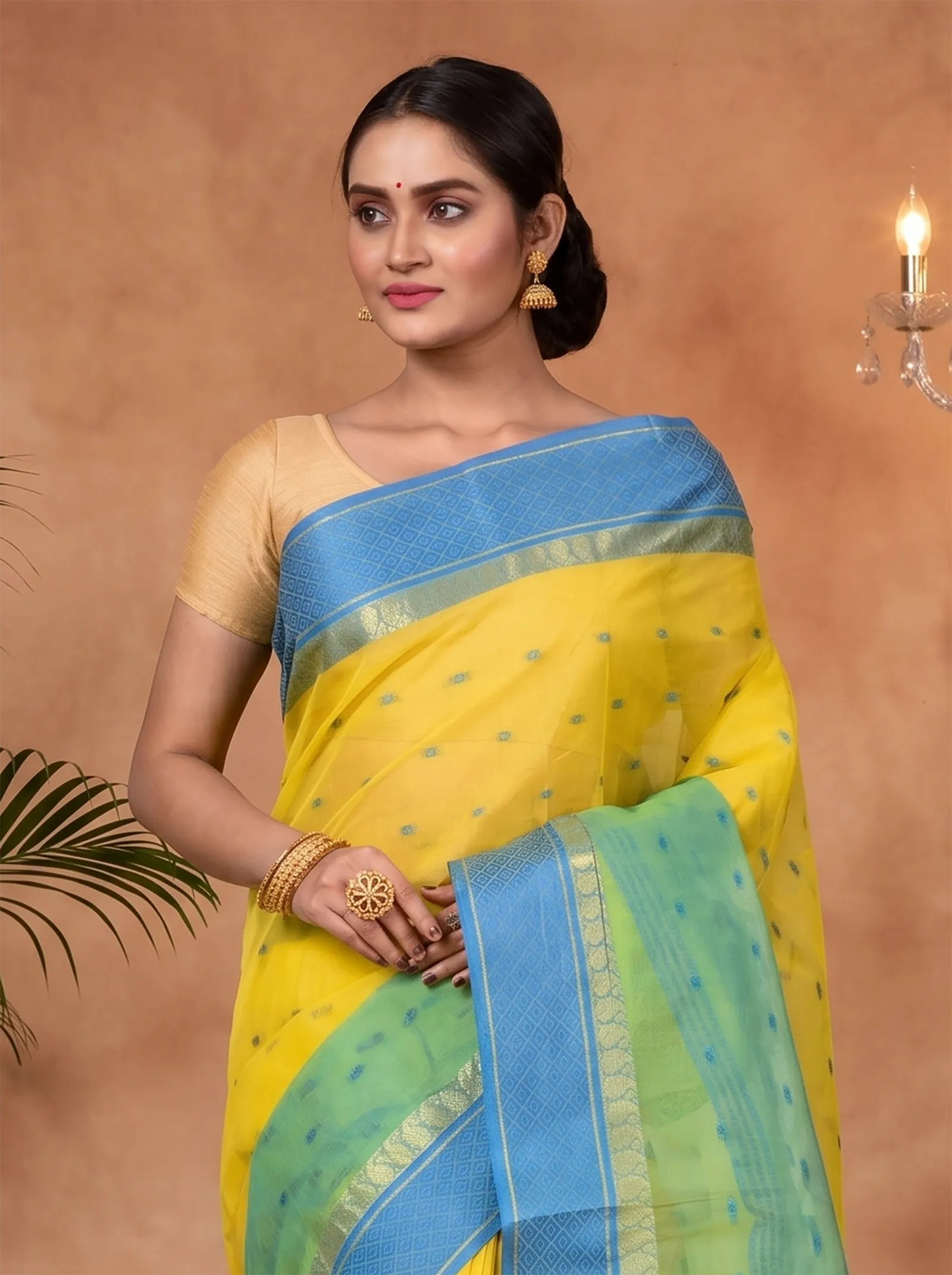 DipDiya Pure Cotton  Traditional Bengali Yellow Artisan Crafted Ganga Jamuna  Tant Saree