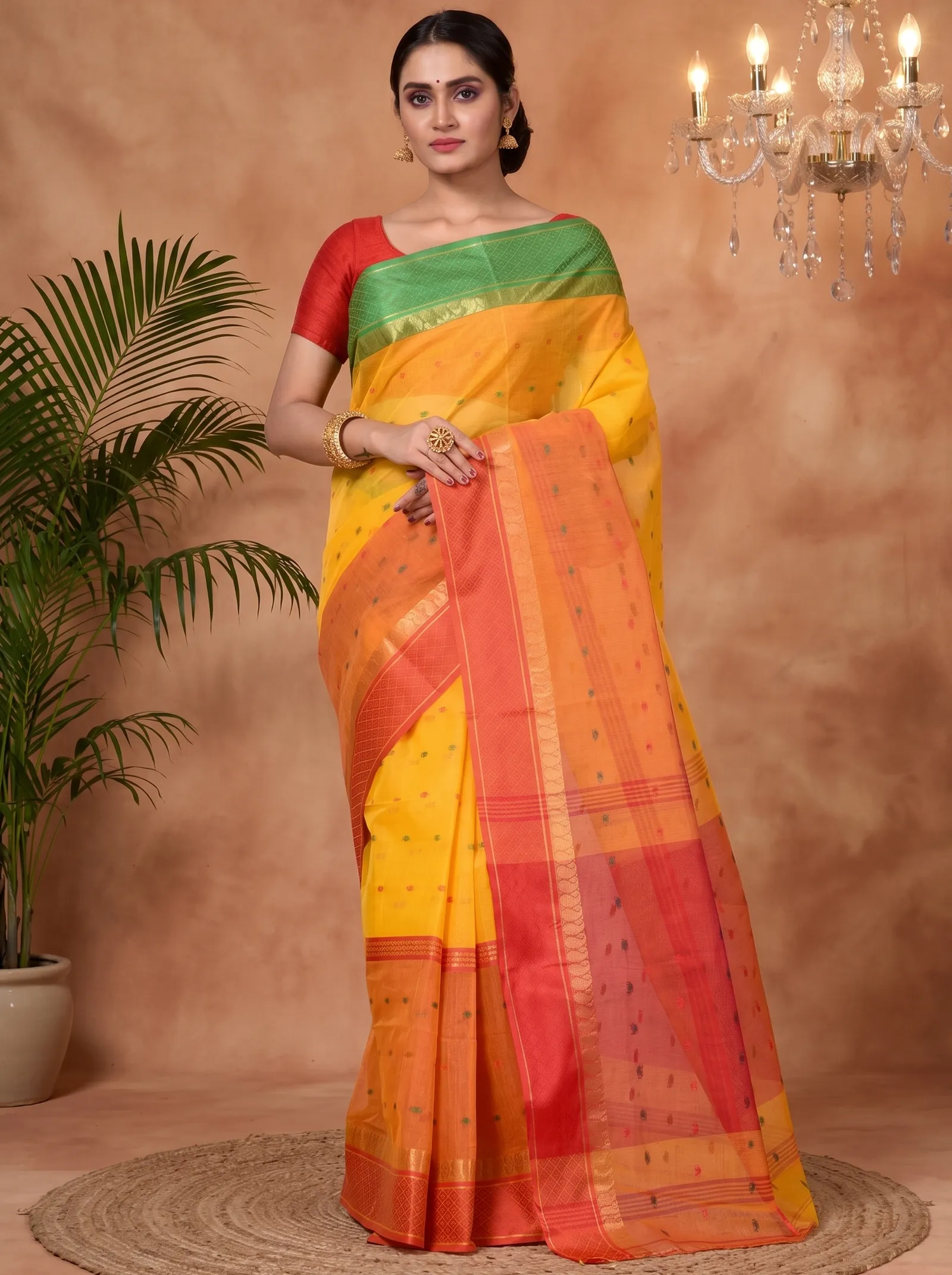 DipDiya Pure Cotton  Traditional Bengali Yellow Artisan Crafted Ganga Jamuna Buti Tant Saree