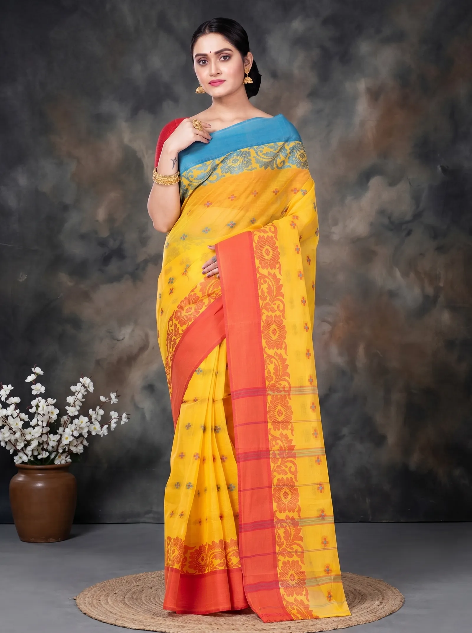 DipDiya Pure Cotton  Traditional Bengali Yellow Artisan Crafted Ganga Jamuna Latapar Tant Saree