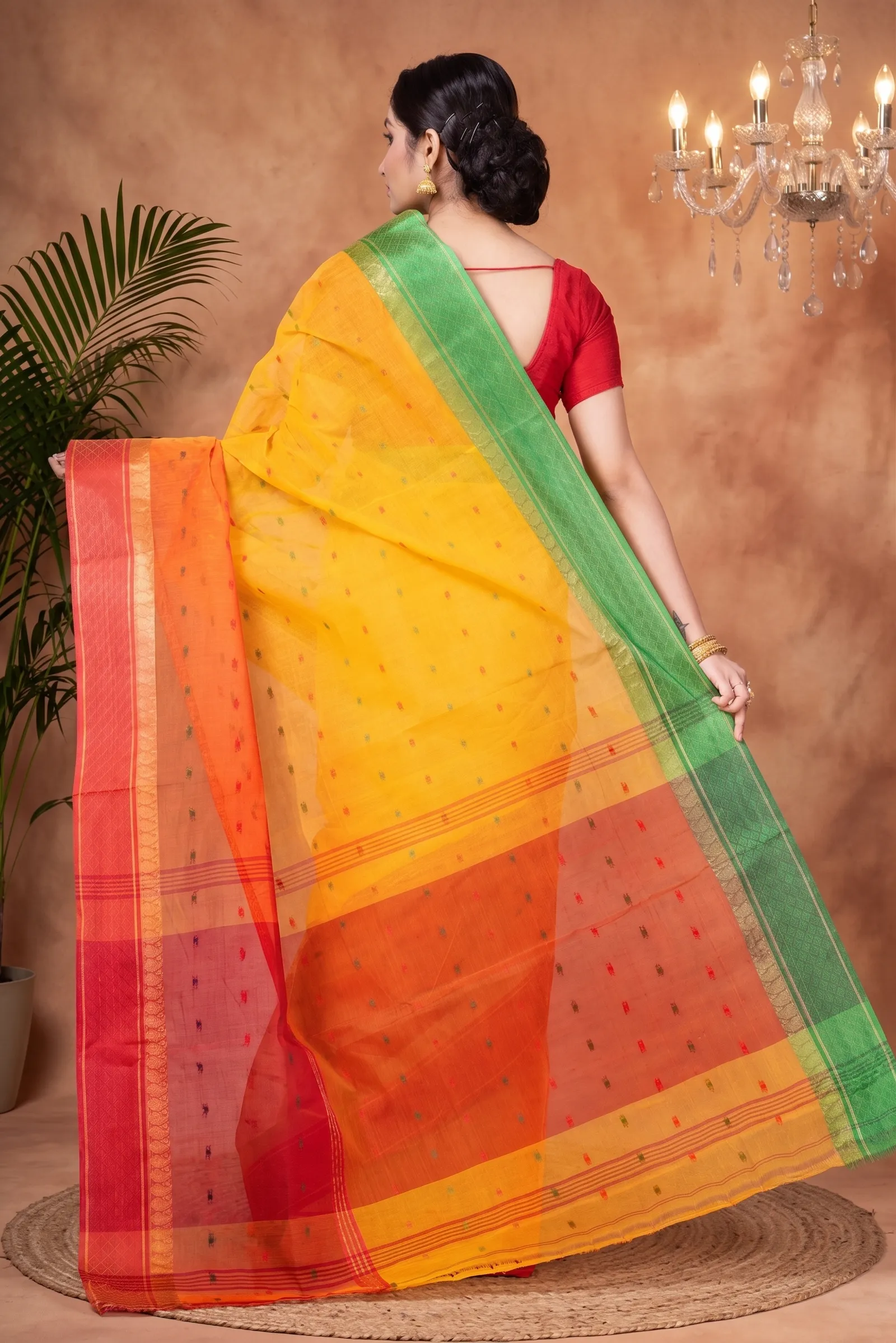 DipDiya Pure Cotton  Traditional Bengali Yellow Artisan Crafted Ganga Jamuna Buti Tant Saree