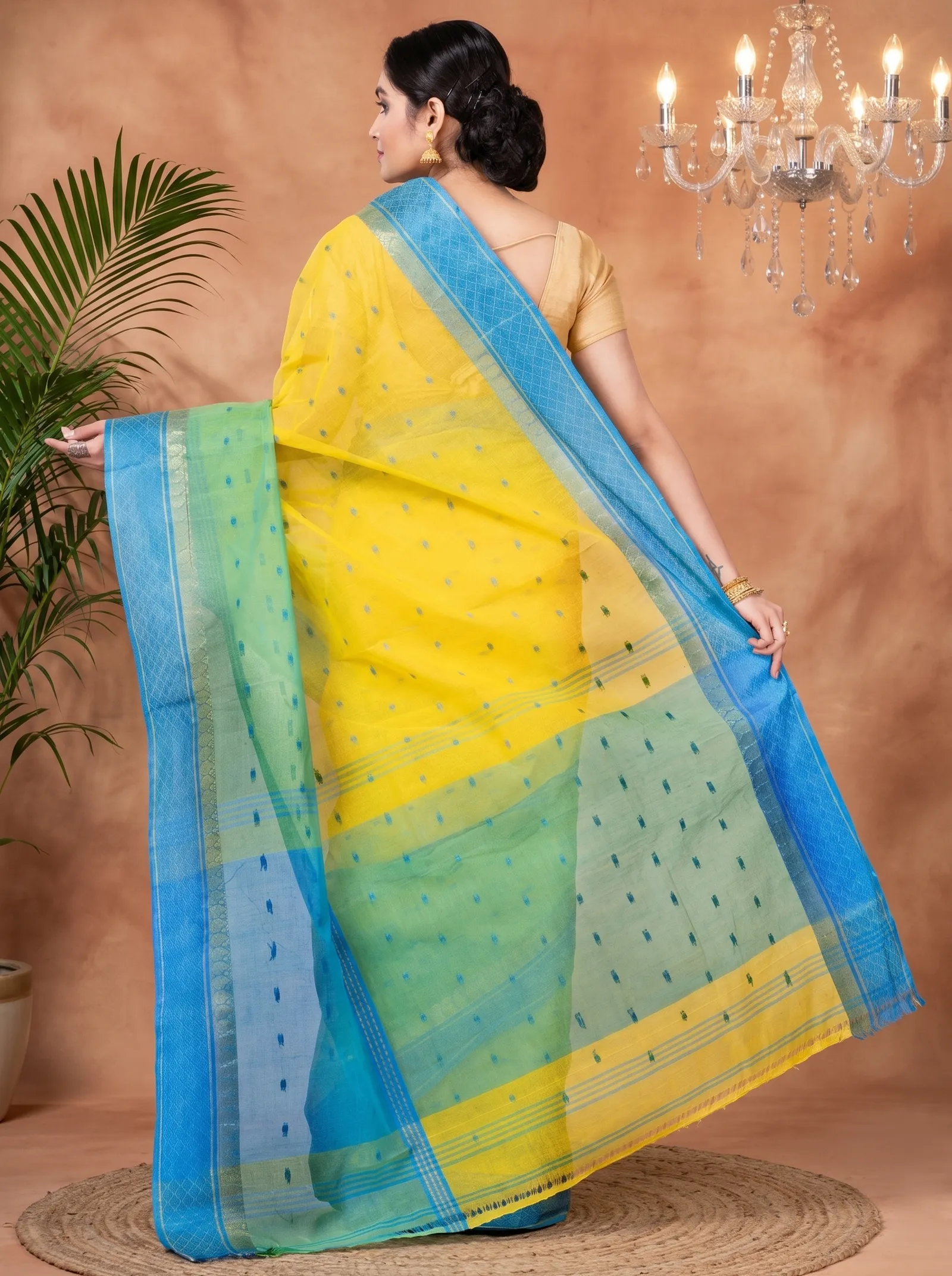 DipDiya Pure Cotton  Traditional Bengali Yellow Artisan Crafted Ganga Jamuna  Tant Saree