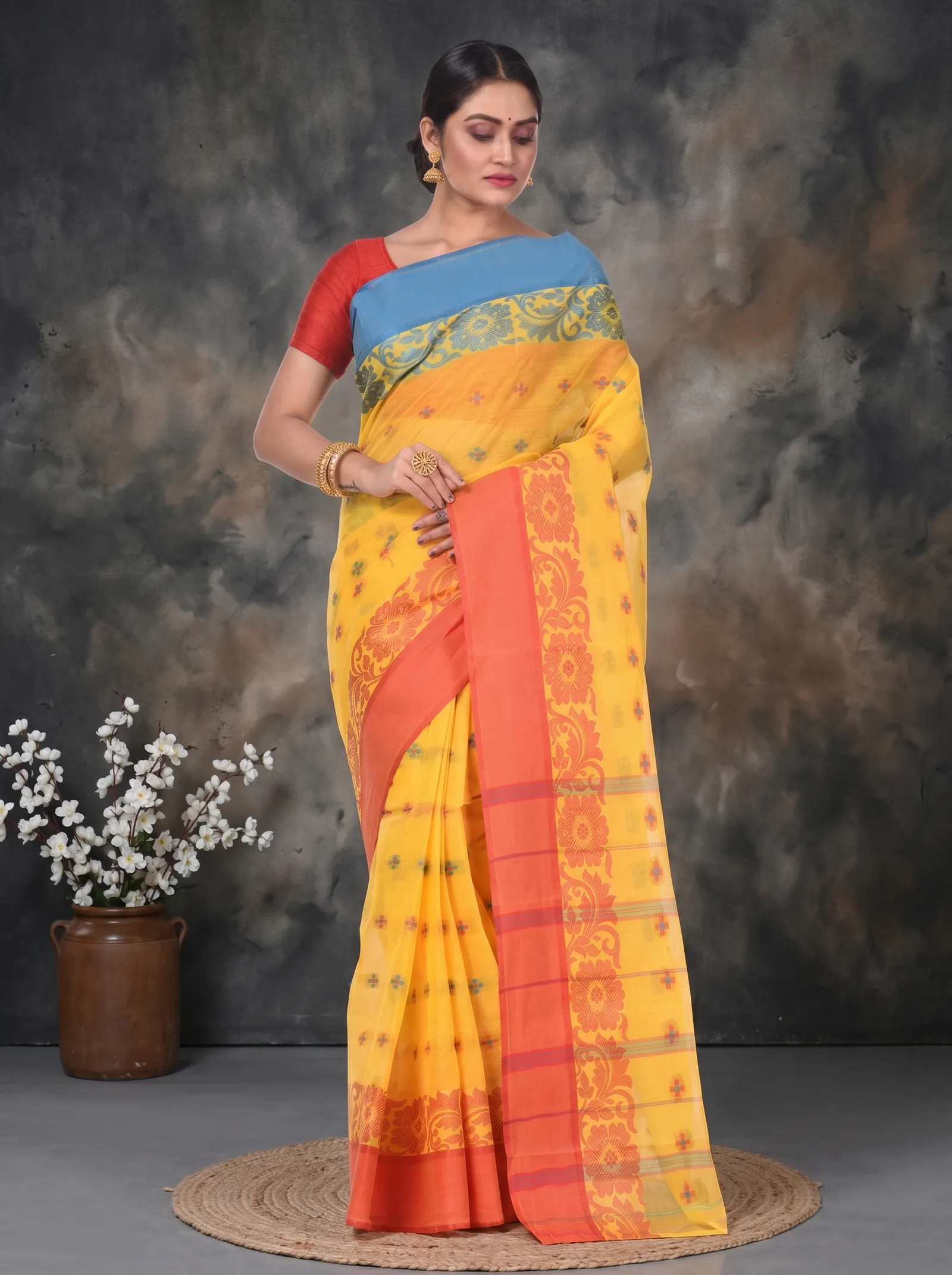 DipDiya Pure Cotton  Traditional Bengali Yellow Artisan Crafted Ganga Jamuna Latapar Tant Saree