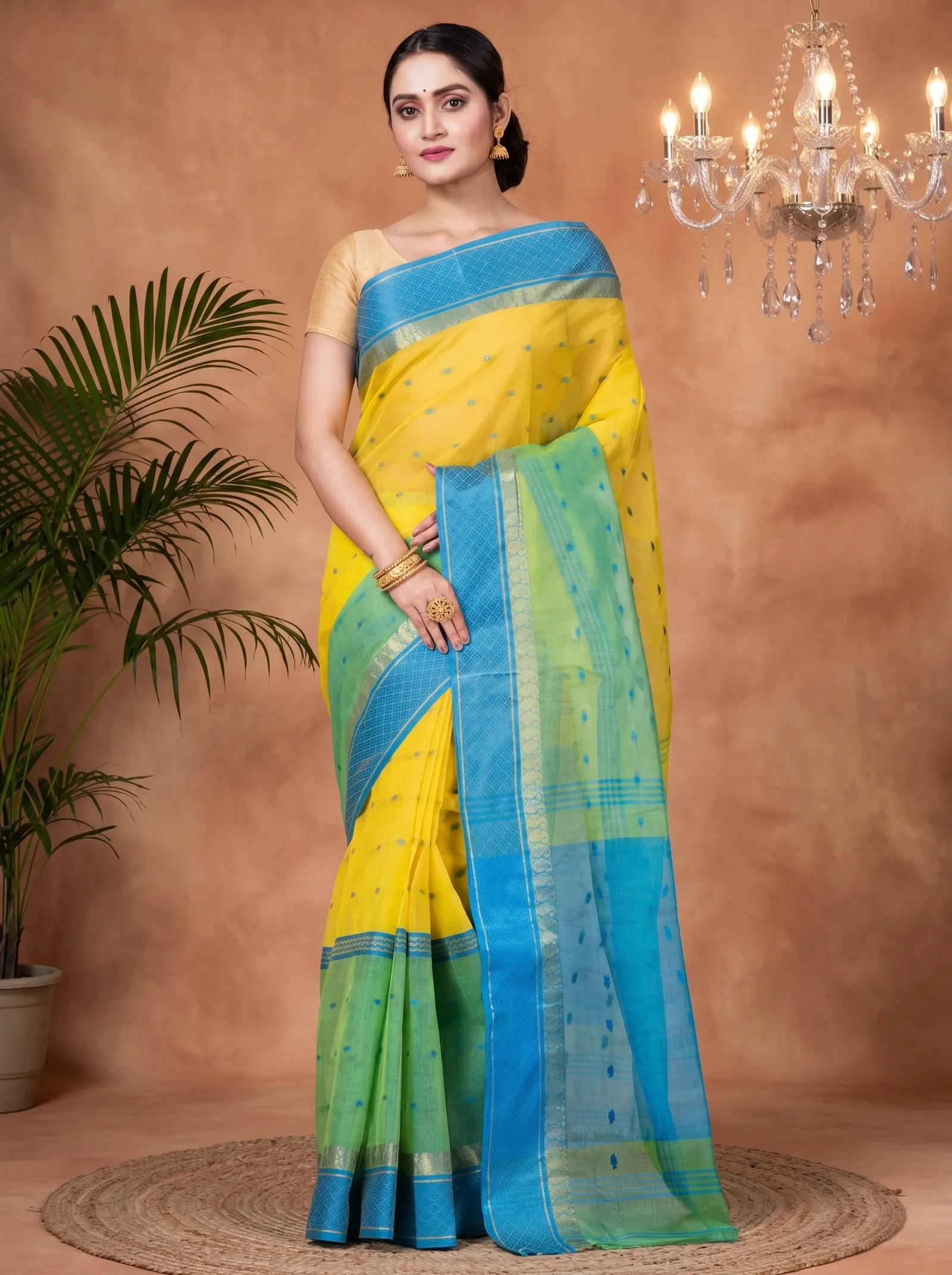 DipDiya Pure Cotton  Traditional Bengali Yellow Artisan Crafted Ganga Jamuna  Tant Saree