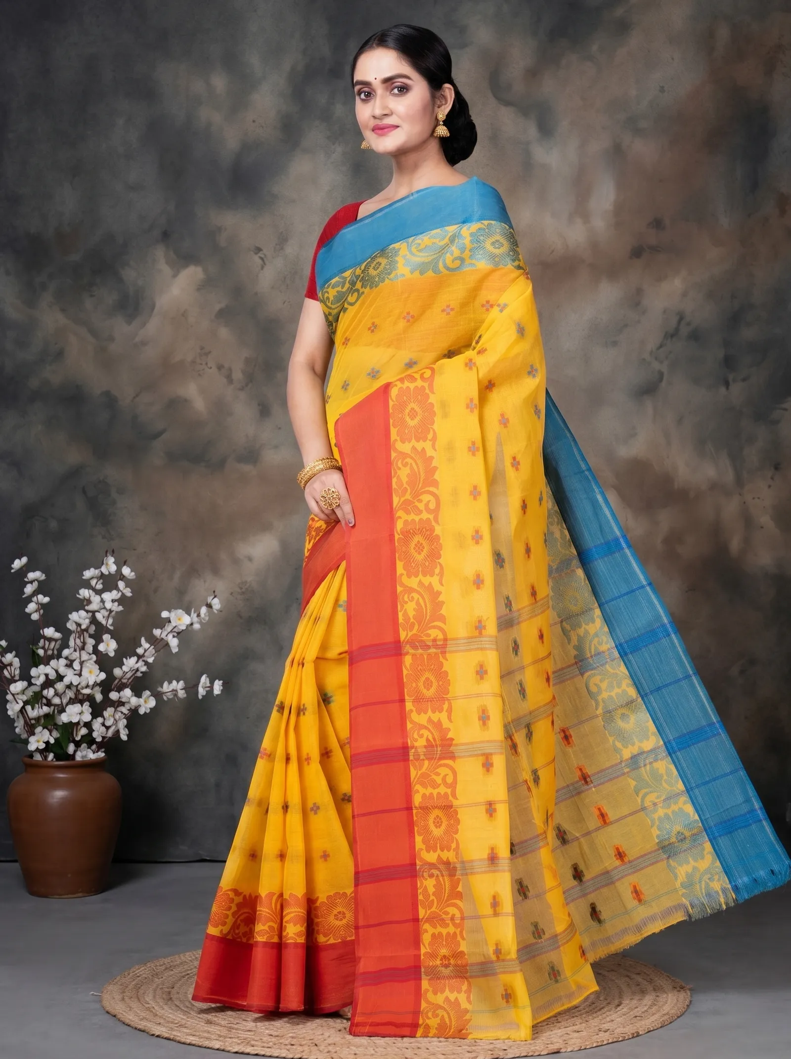 DipDiya Pure Cotton  Traditional Bengali Yellow Artisan Crafted Ganga Jamuna Latapar Tant Saree