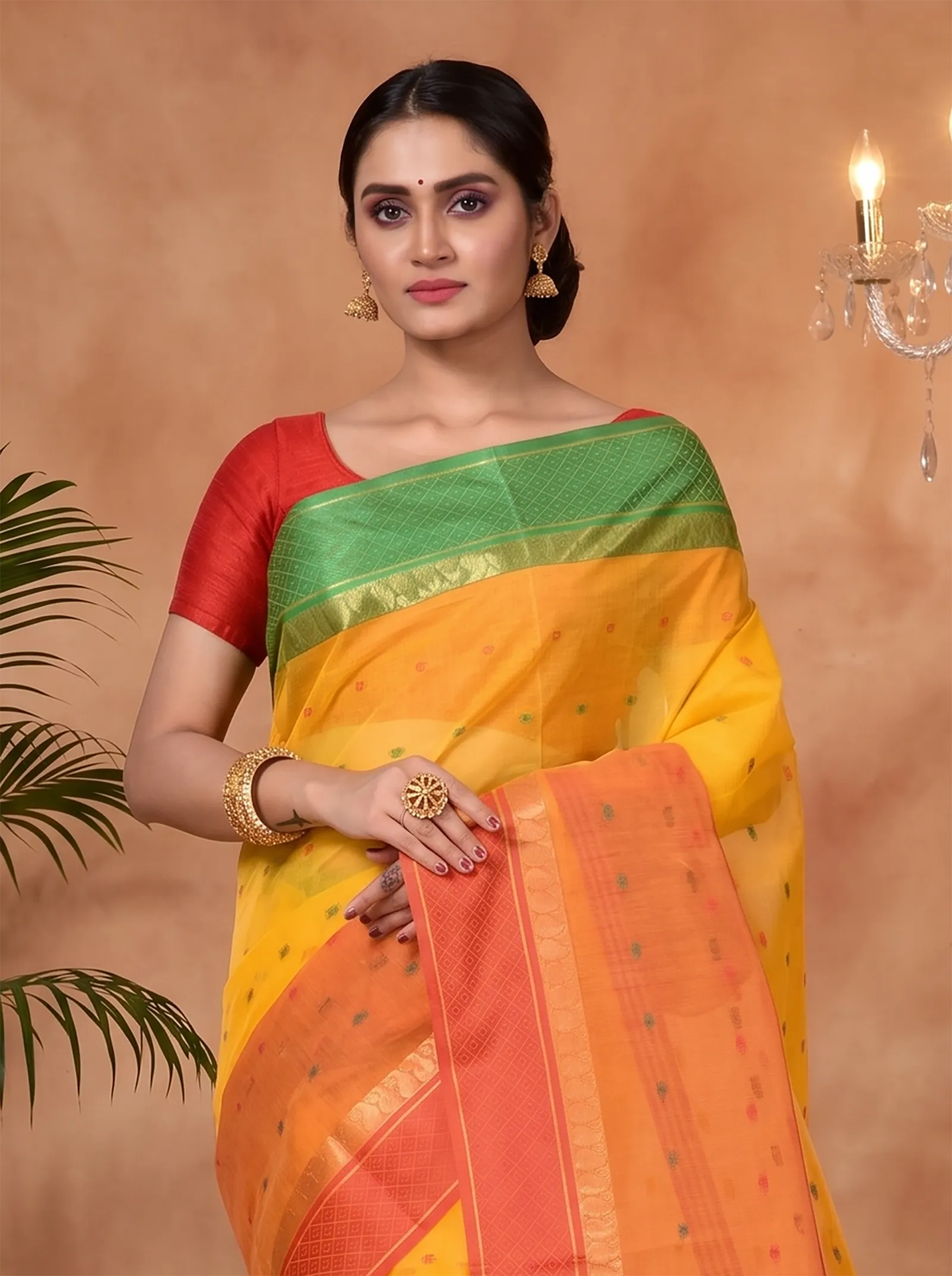 DipDiya Pure Cotton  Traditional Bengali Yellow Artisan Crafted Ganga Jamuna Buti Tant Saree